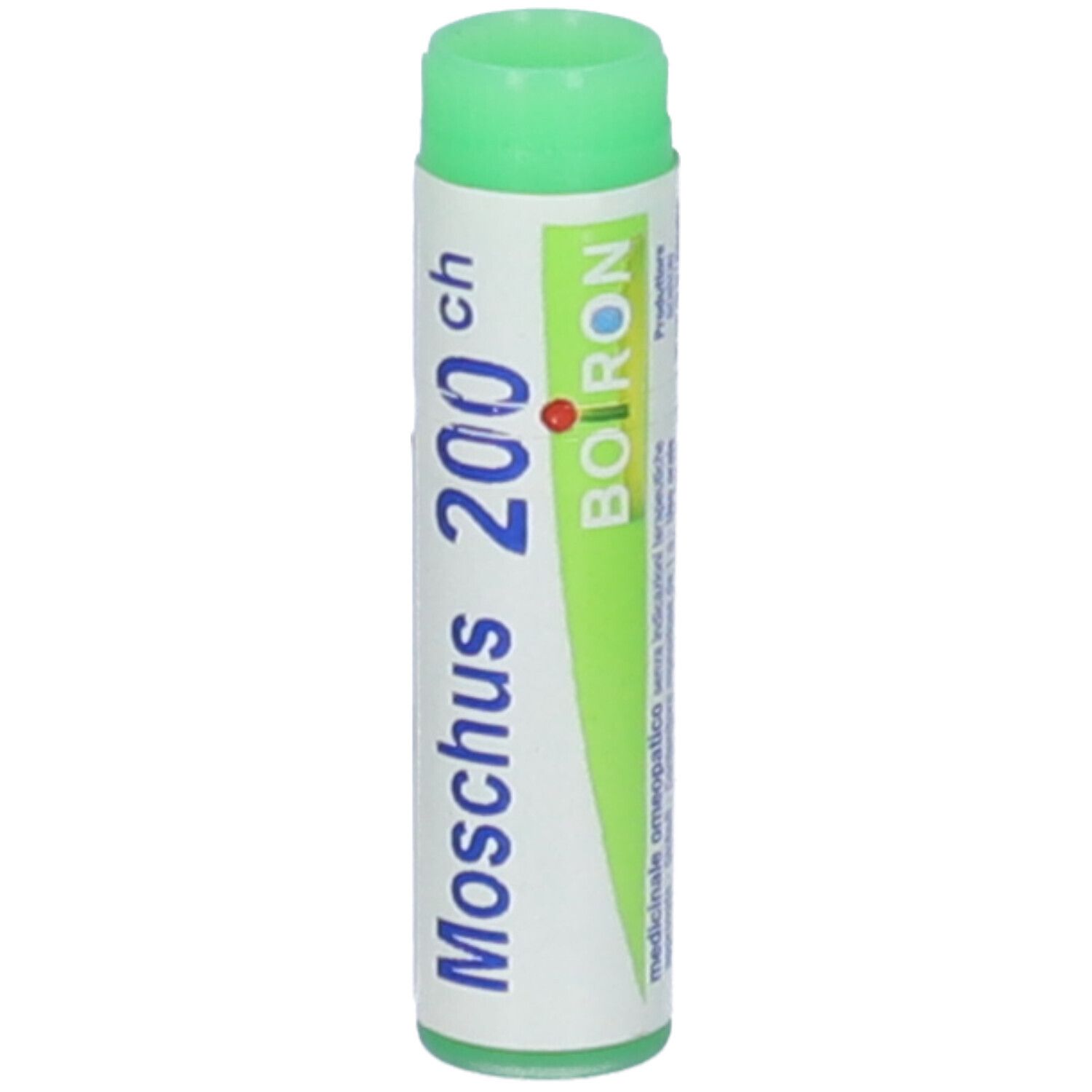 Tubo cilindrico, verde e bianco. Scritta: Moschus 200 ch, BOIRON. Tappo verde. Vista verticale.
