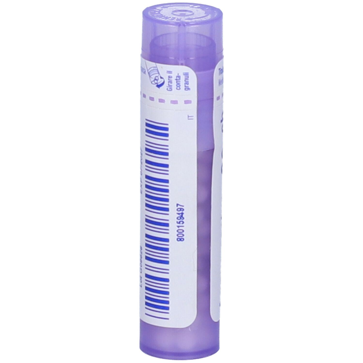 Tubo lilla con etichetta bianca. Codice a barre e testo. Marchio BOIRON.