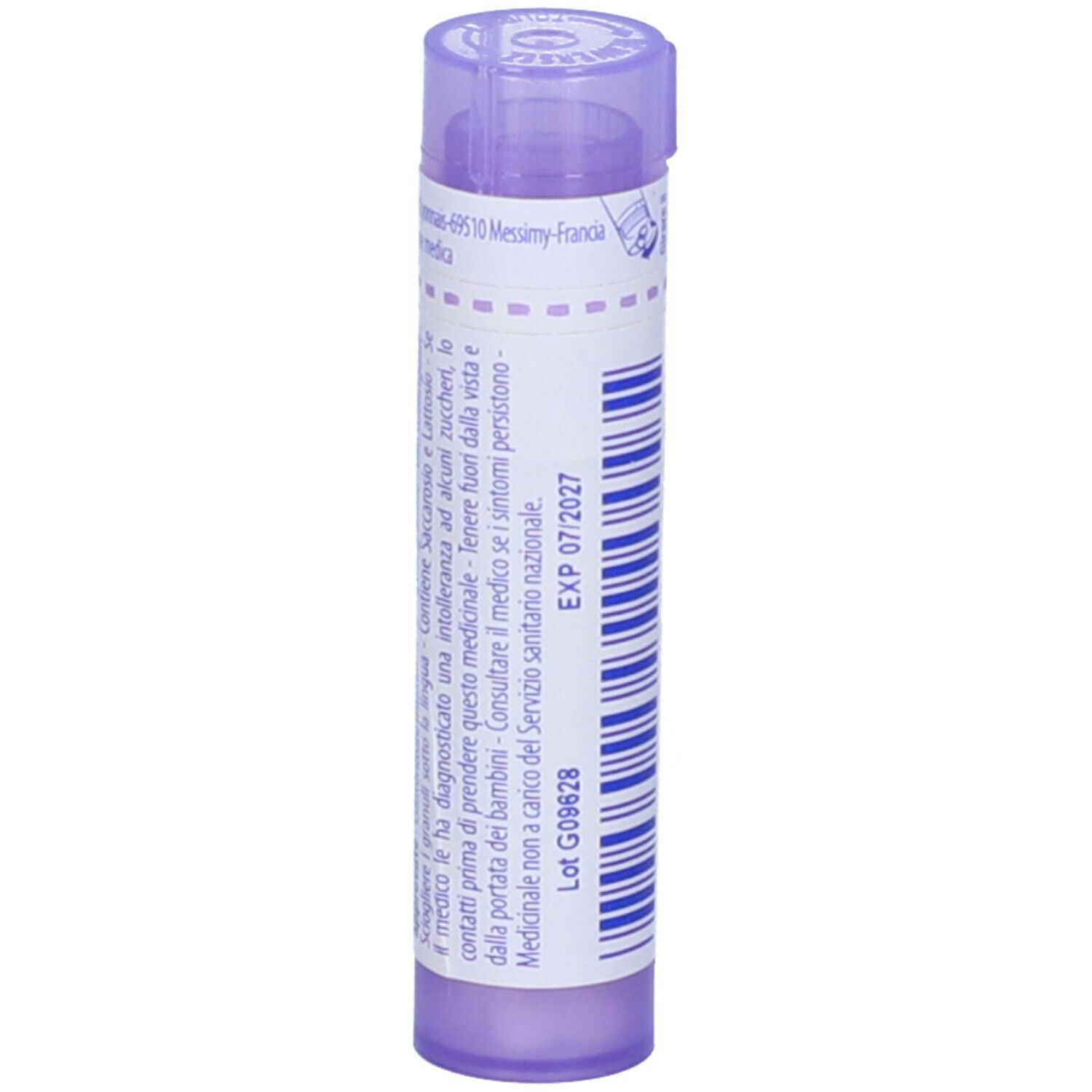 Tubo lilla con etichetta bianca. Testo e data di scadenza. Marchio BOIRON.