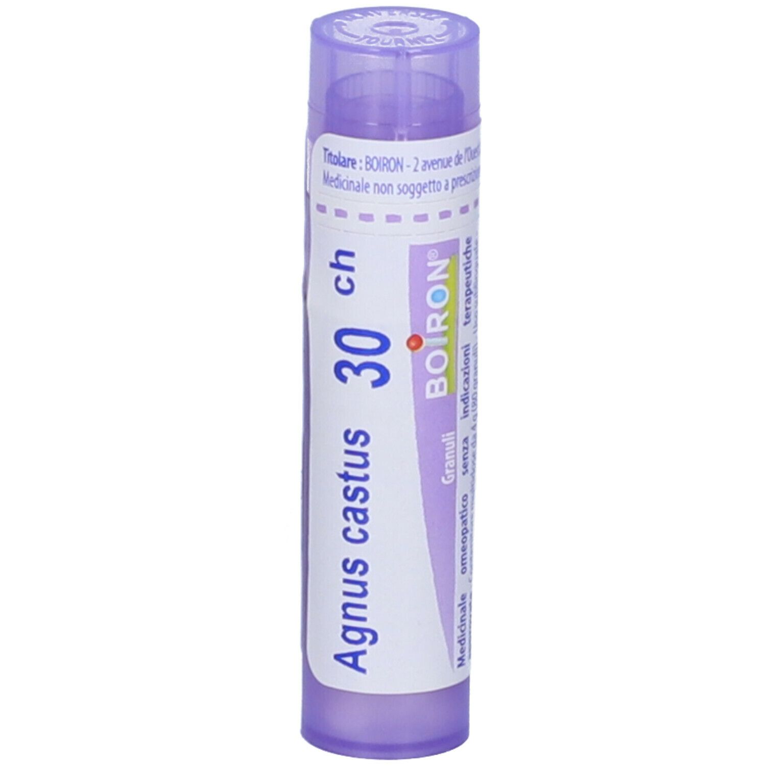 Agnus castus 30 ch, tubo lilla. Marchio BOIRON. Vista verticale.