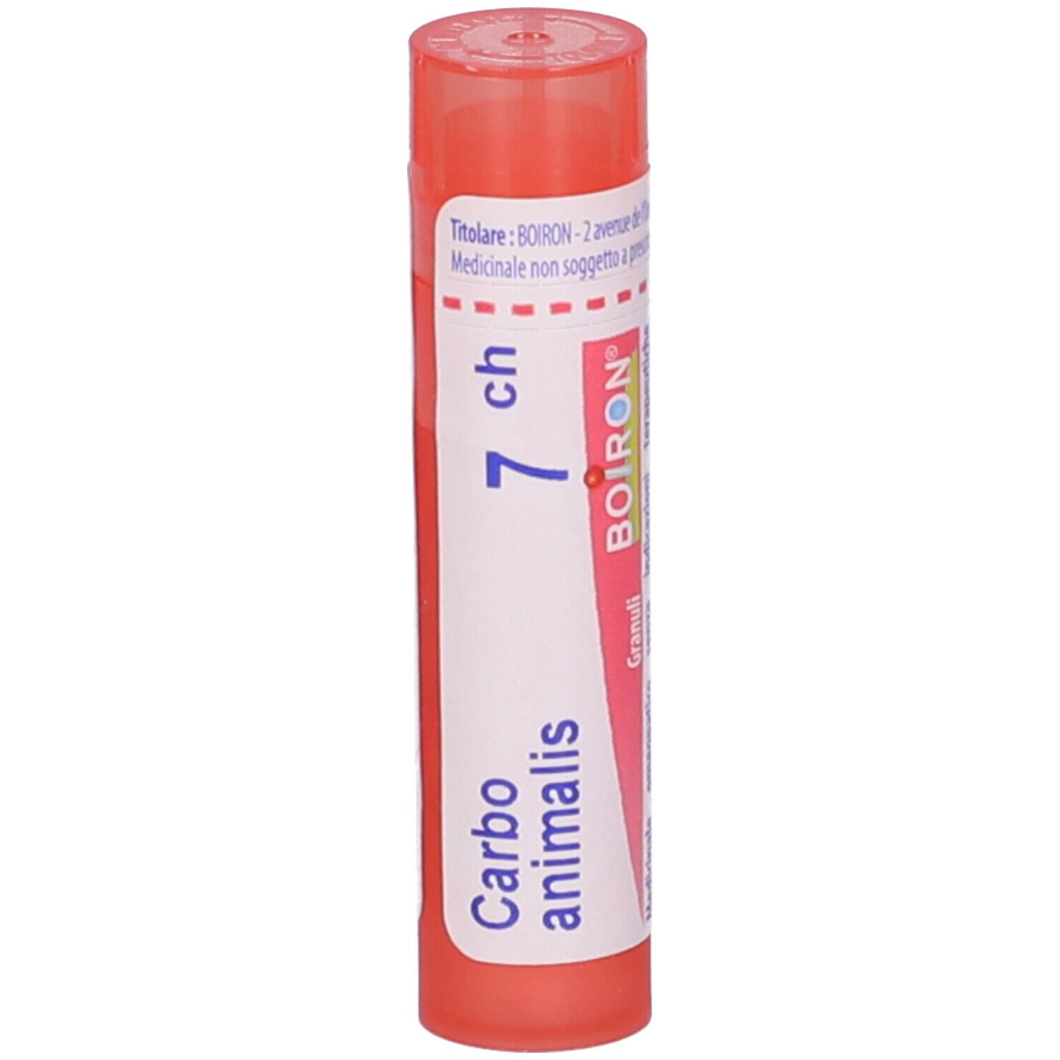 Confezione cilindrica con tappo rosa. Scritta: Carbo animalis 7 ch, BOIRON.