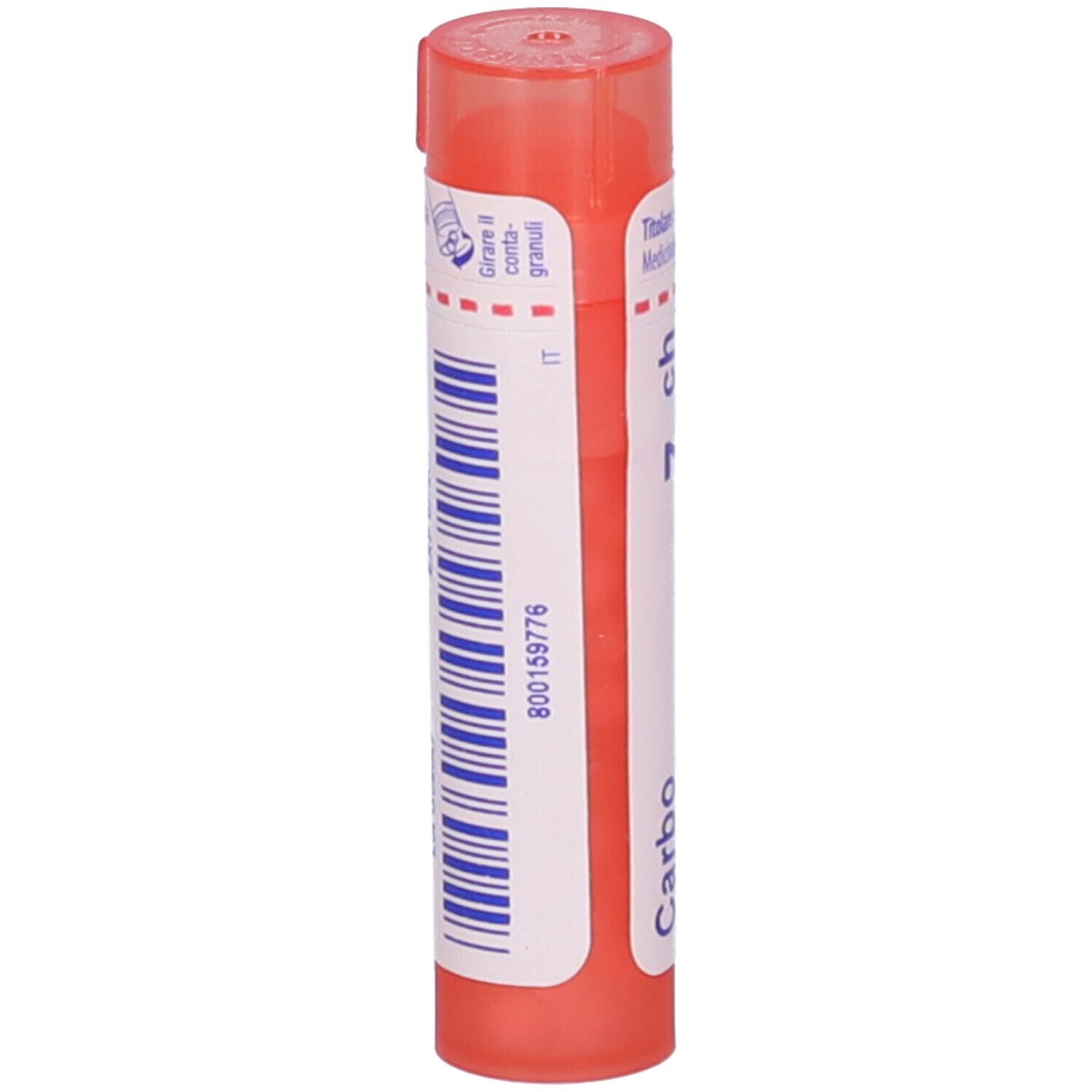 Confezione cilindrica con tappo rosa. Scritta: Carbo, 7 ch, BOIRON, codice a barre.
