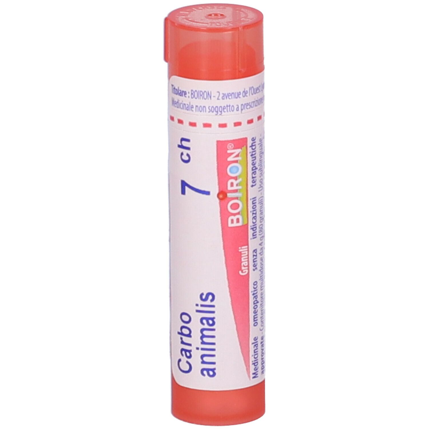 Confezione cilindrica con tappo rosa. Scritta: Carbo animalis 7 ch, BOIRON.