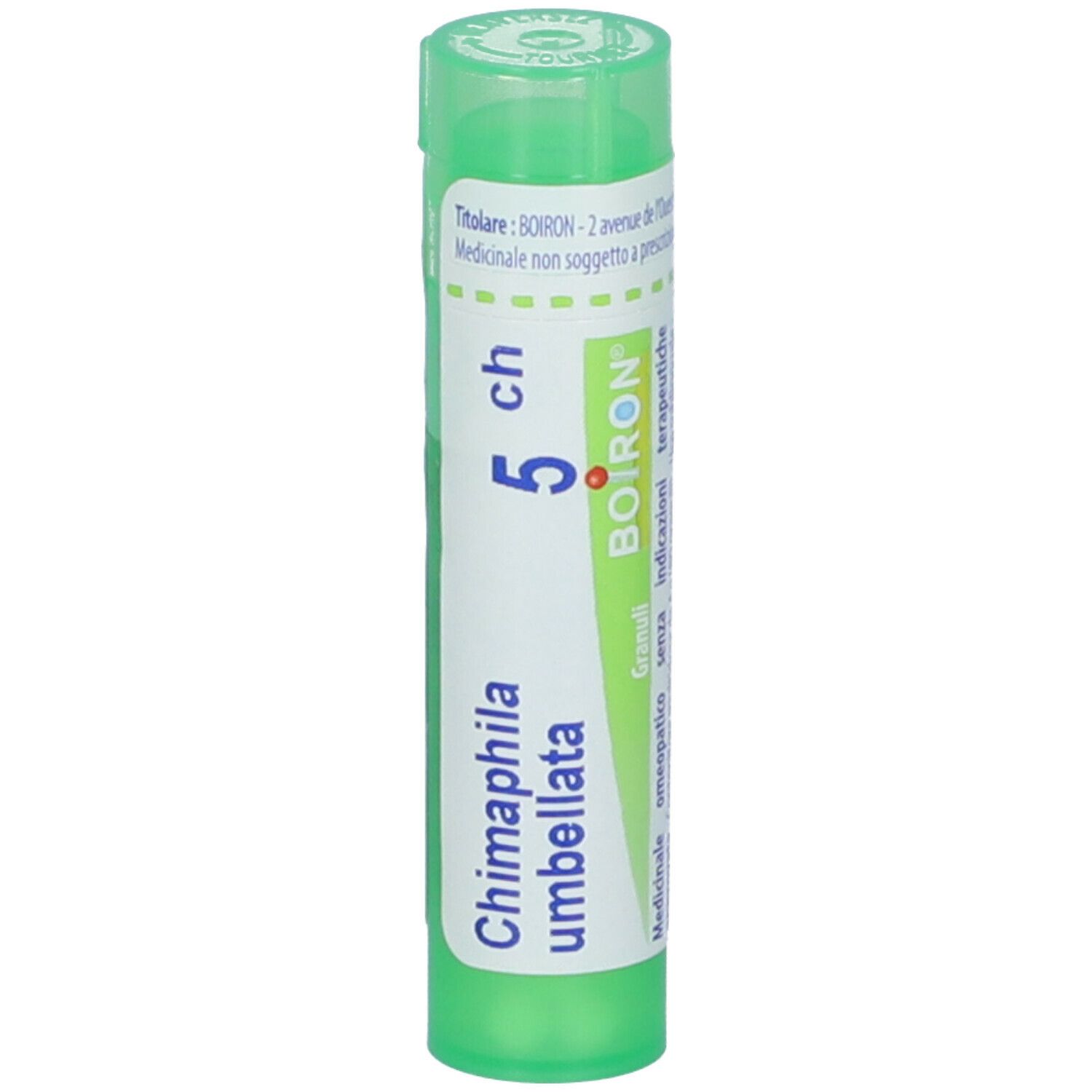 Tubo verde con etichetta bianca. Scritta: Chimaphila umbellata 5 ch, BOIRON. Granuli.