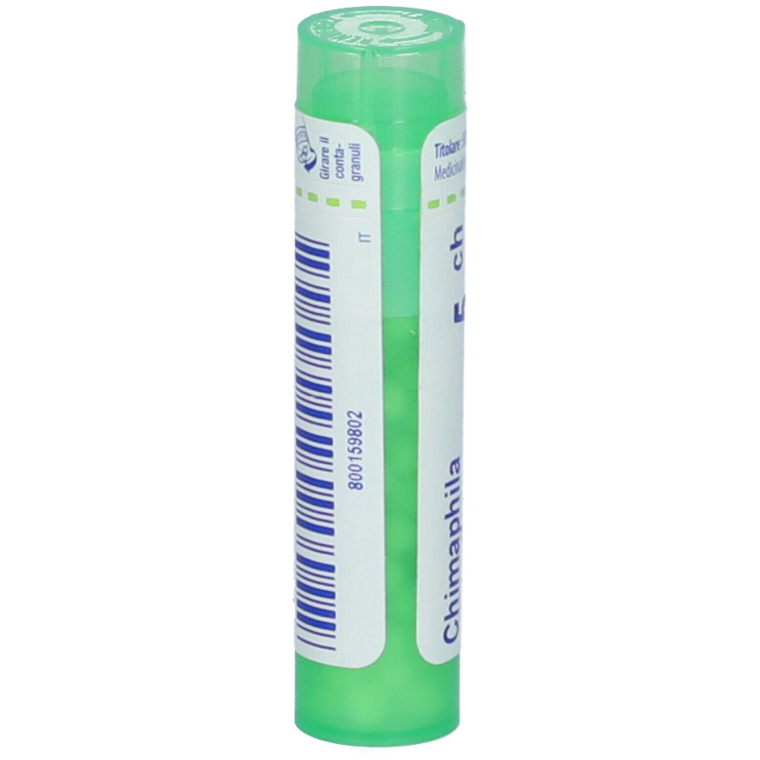 Tubo verde con etichetta bianca. Scritta: Chimaphila, 5 ch. Codice a barre e altre informazioni.