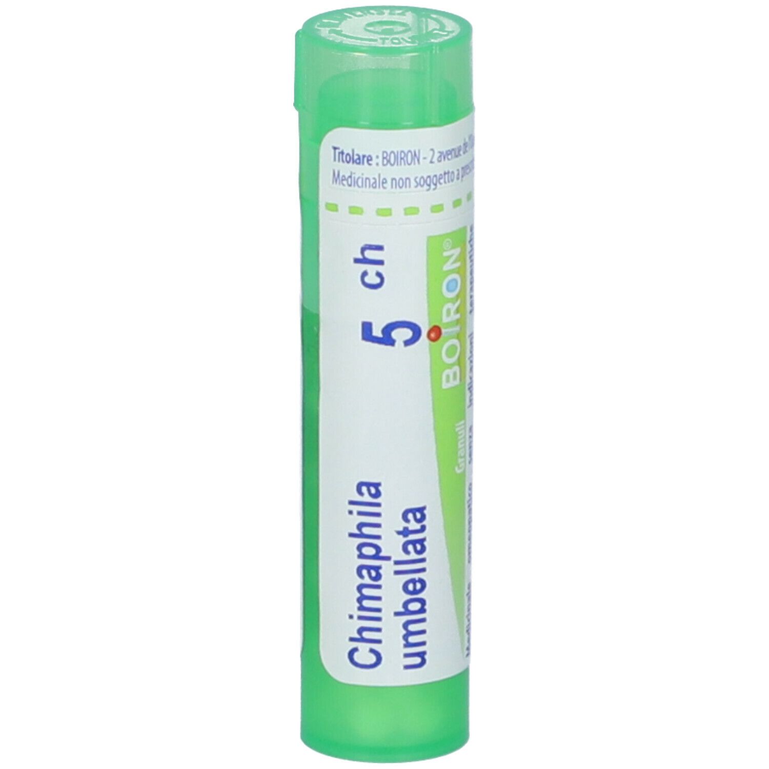 Tubo verde con etichetta bianca. Scritta: Chimaphila umbellata 5 ch, BOIRON. Granuli.