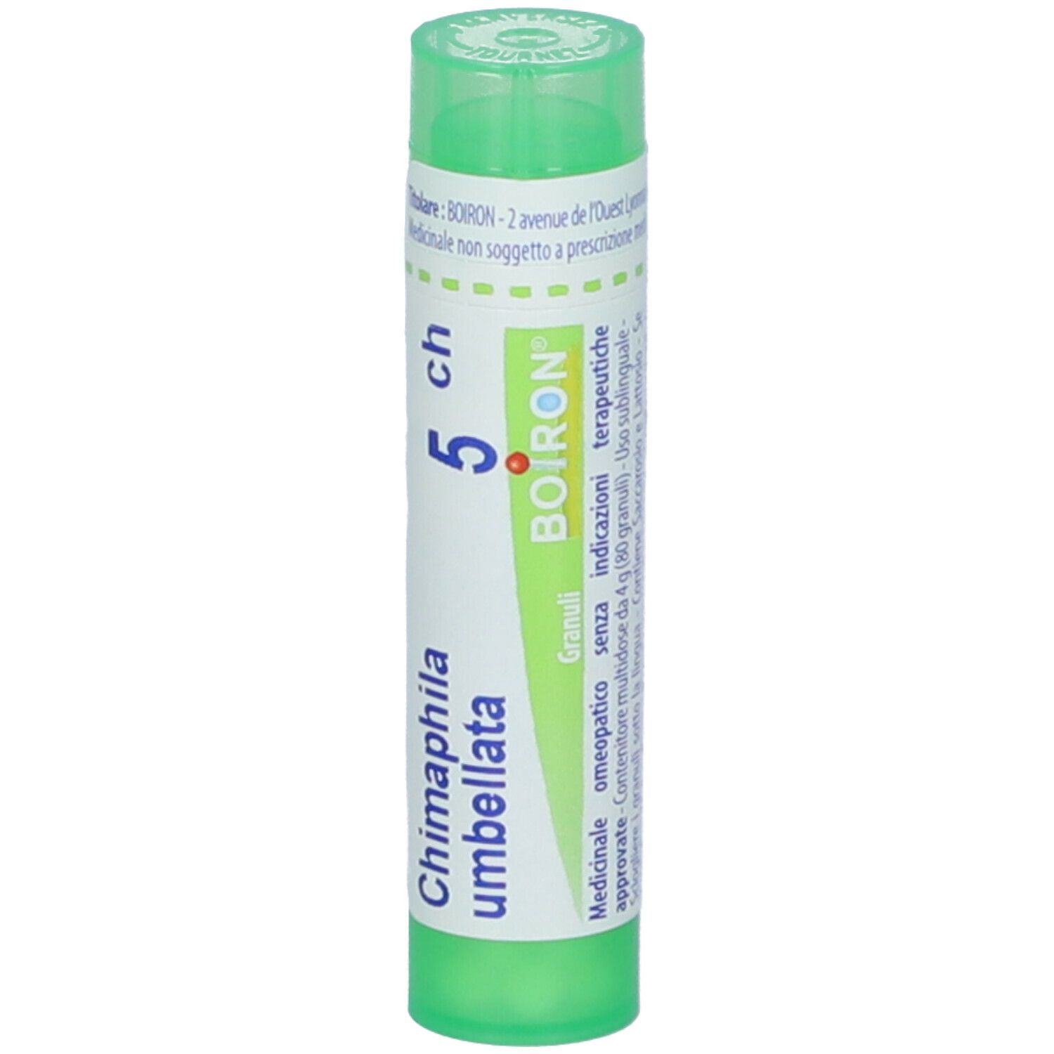 Tubo verde con etichetta bianca. Scritta: Chimaphila umbellata 5 ch, BOIRON. Granuli.