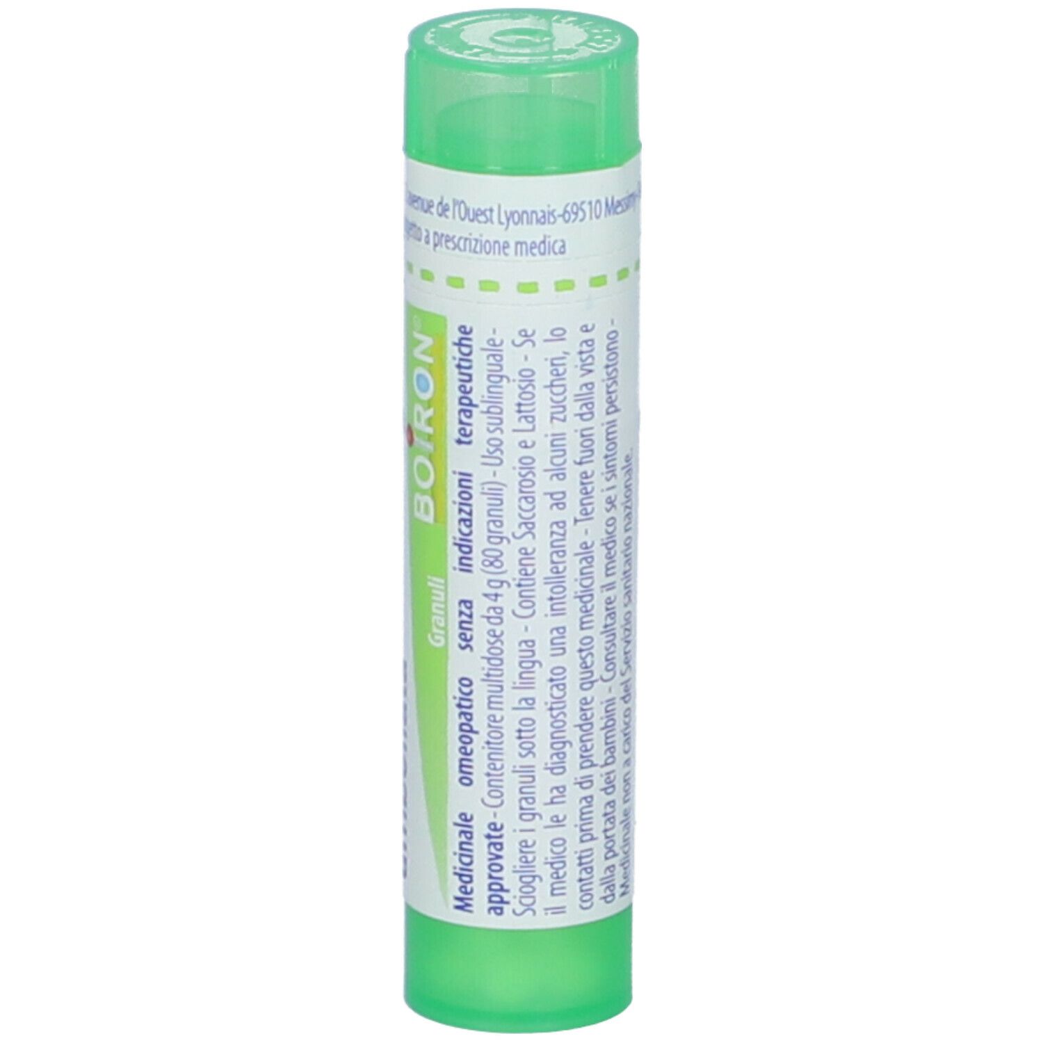 Tubo verde con etichetta bianca. Scritta: BOIRON, Granuli. Altre informazioni.