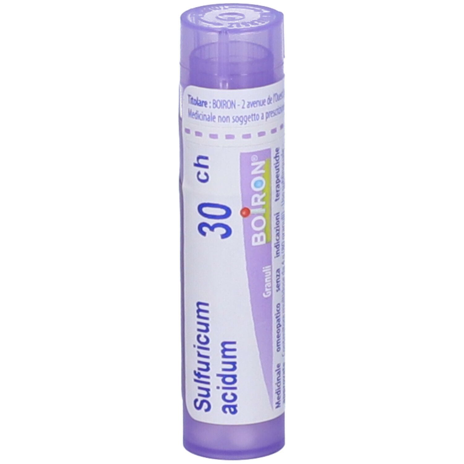 Confezione cilindrica, Sulfuricum acidum 30 ch, marchio BOIRON. Tappo viola. Vista verticale.