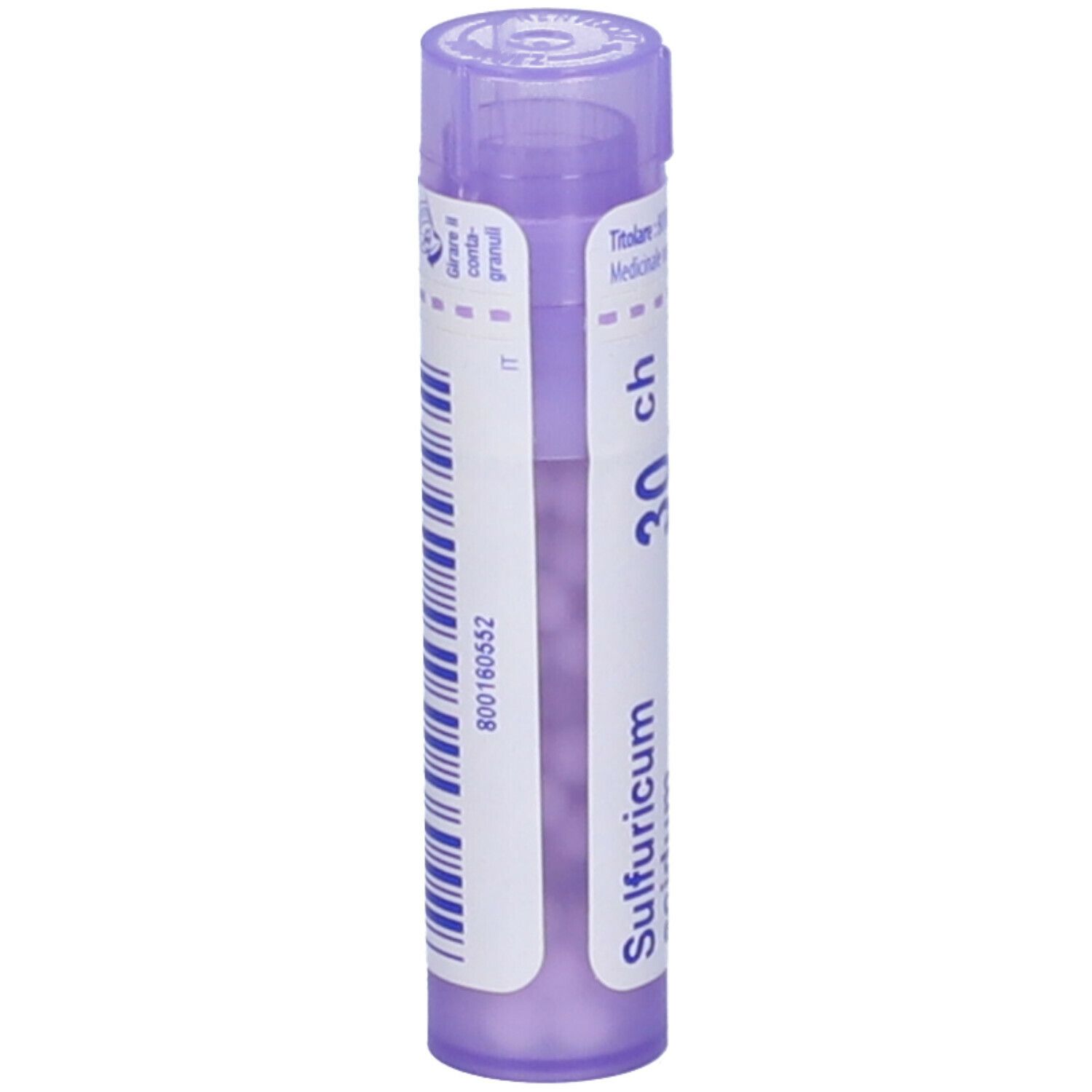 Confezione cilindrica, Sulfuricum acidum 30 ch. Etichetta con codice a barre e testo. Tappo viola.