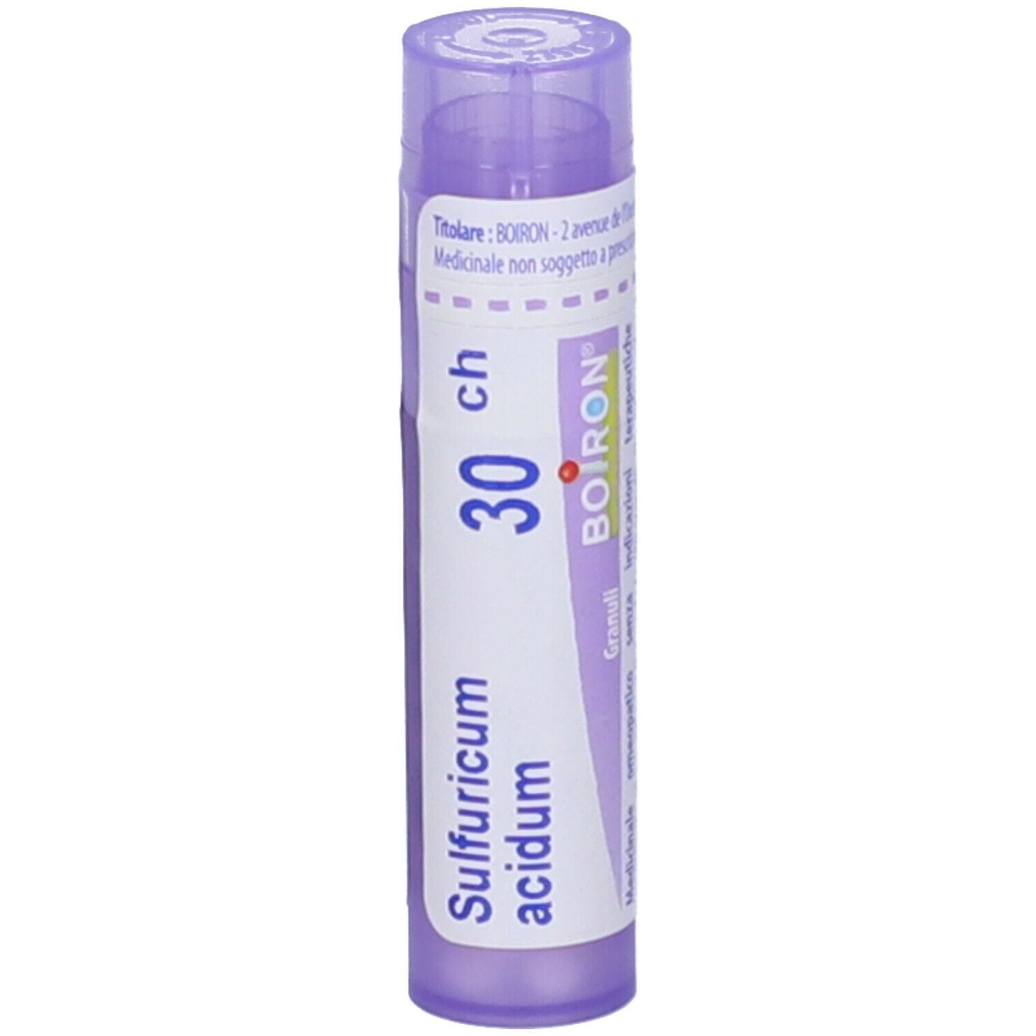Confezione cilindrica, Sulfuricum acidum 30 ch, marchio BOIRON. Tappo viola. Vista dettagliata.
