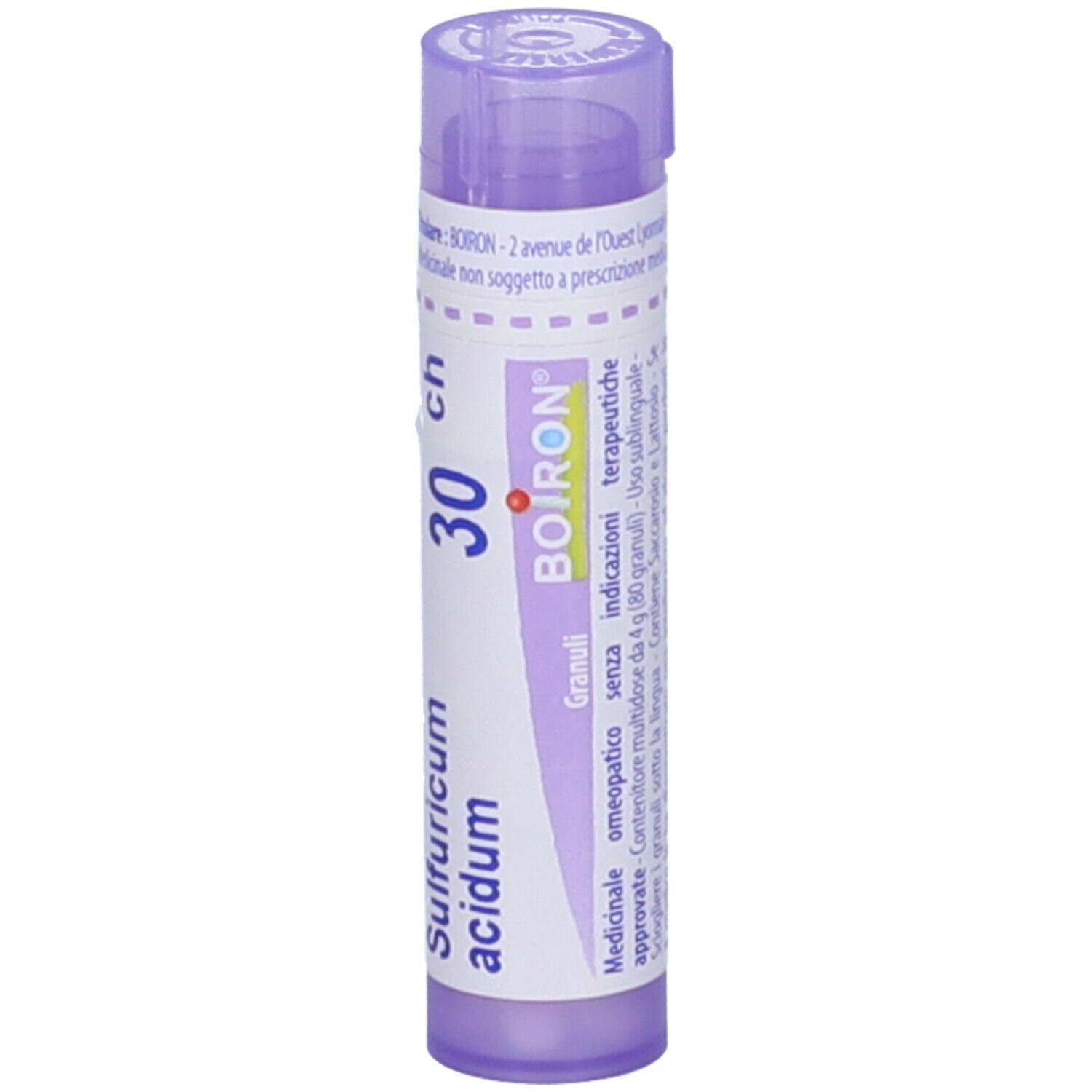 Confezione cilindrica, Sulfuricum acidum 30 ch, marchio BOIRON. Tappo viola. Dettagli etichetta.