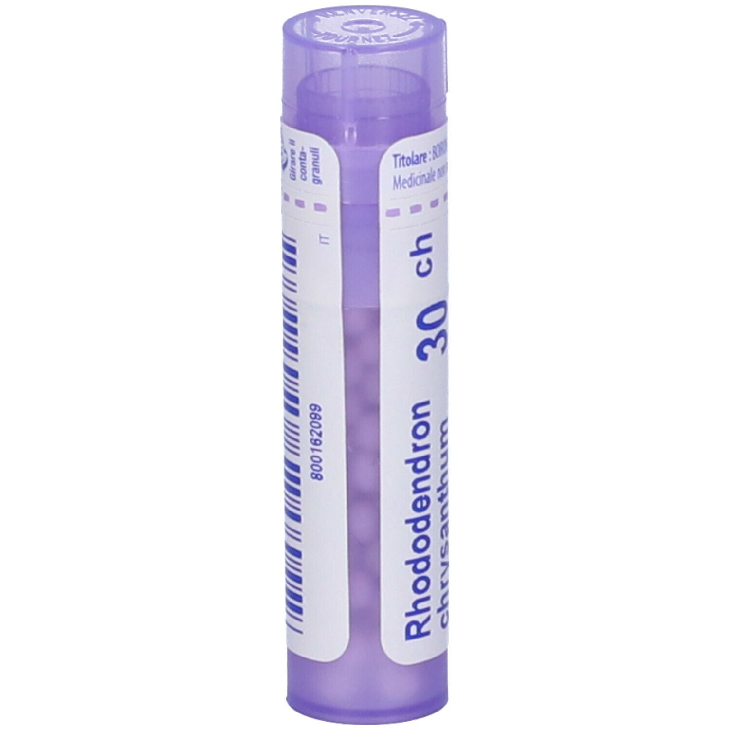 Confezione cilindrica viola con testo bianco. Contiene granuli. Marchio BOIRON.