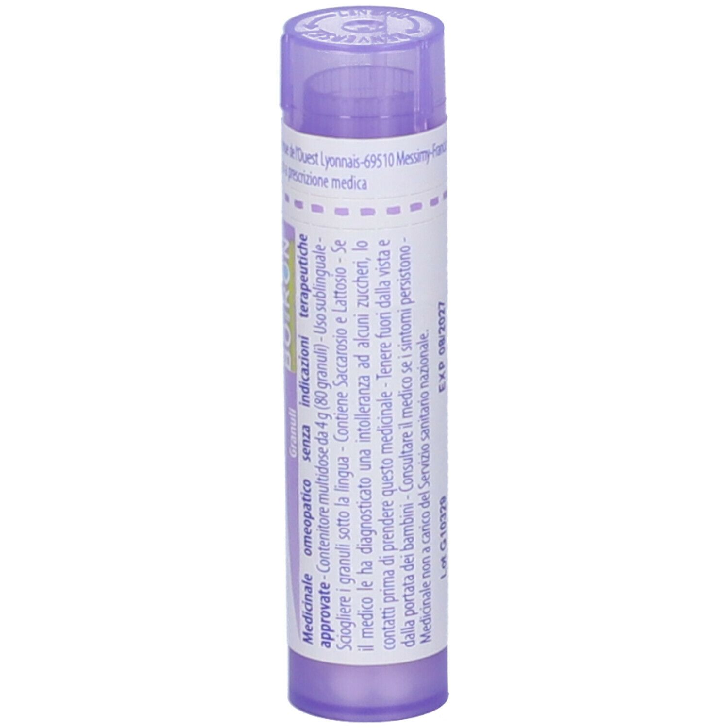 Confezione cilindrica viola con testo bianco. Contiene granuli. Marchio BOIRON.