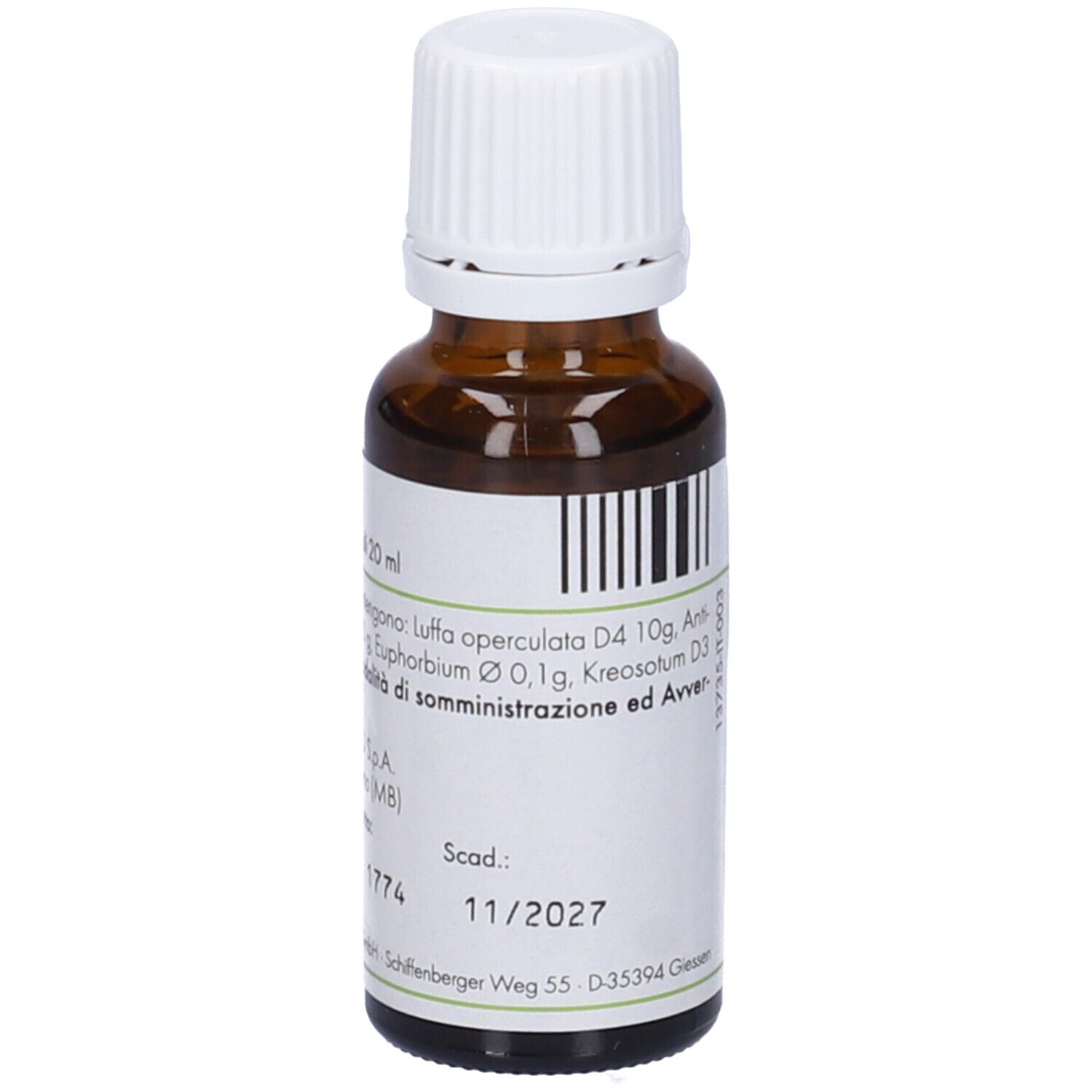 Flacone di vetro marrone con tappo bianco. Etichetta con informazioni e scadenza 11/2027. Marchio PASCOE.
