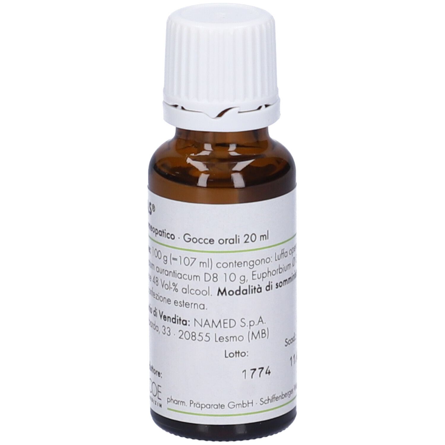 Flacone di vetro marrone con tappo bianco. Etichetta con informazioni prodotto. Marchio PASCOE.