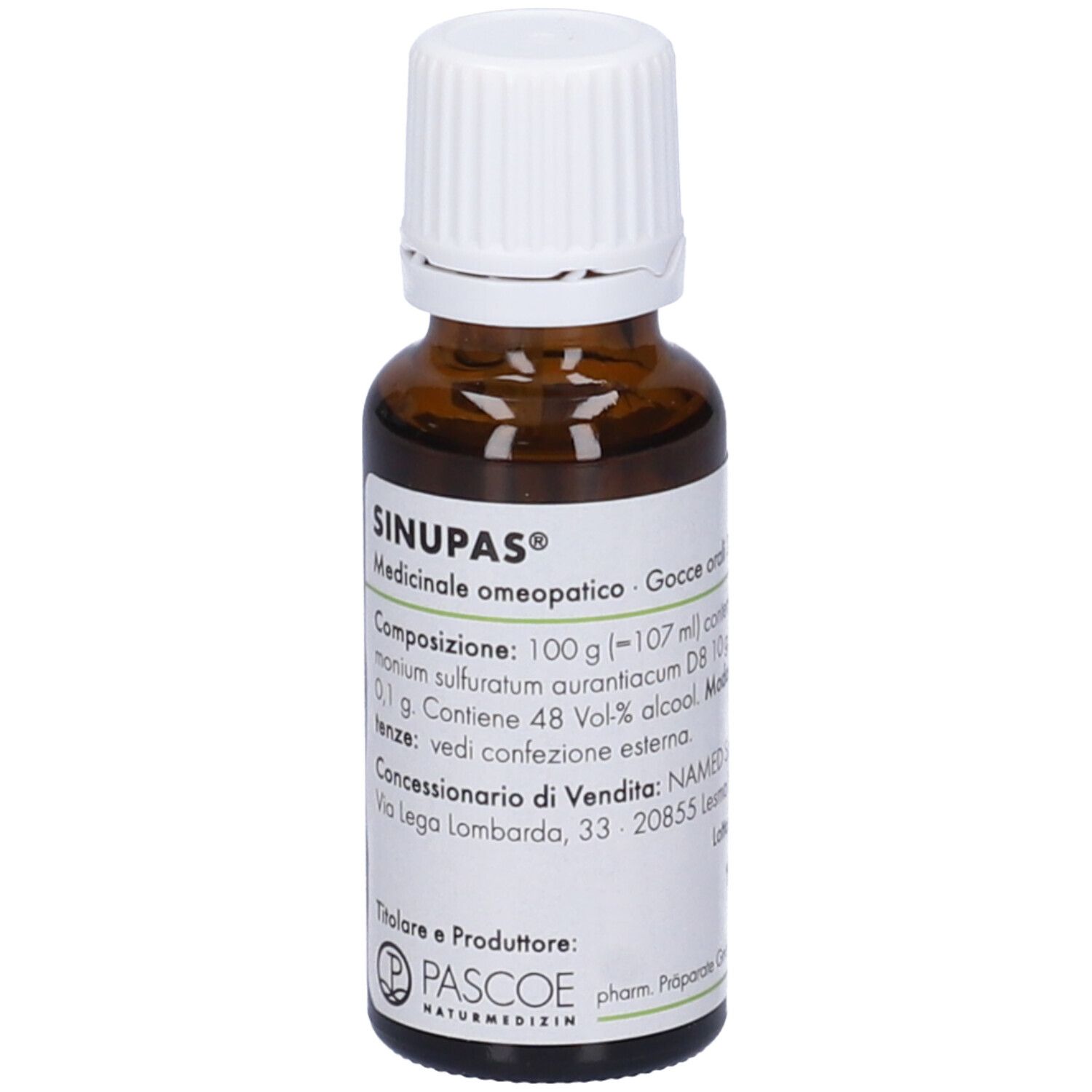 Flacone di vetro marrone con tappo bianco. Etichetta con nome SINUPAS e informazioni. Marchio PASCOE.