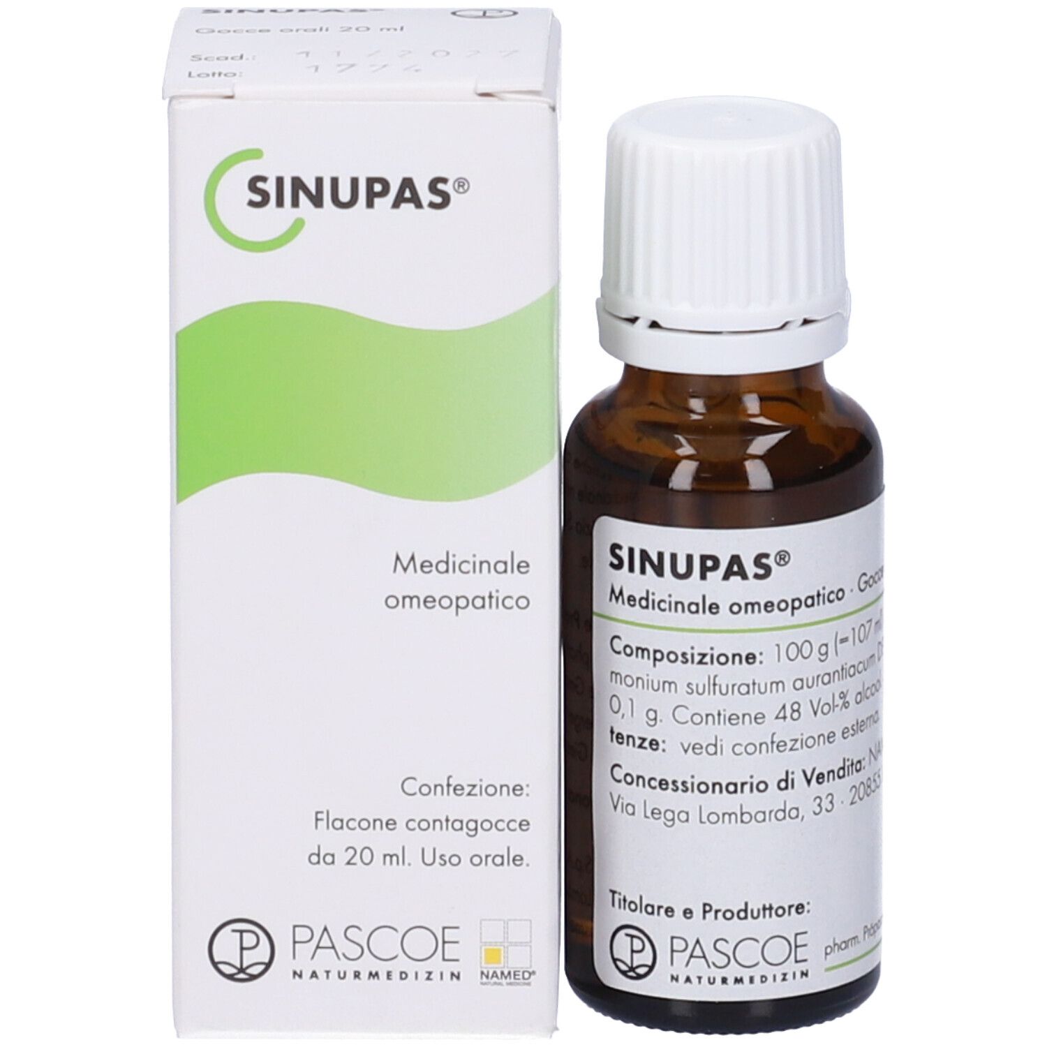 Flacone e confezione del prodotto. Flacone marrone con tappo bianco e scatola. Marchio PASCOE.