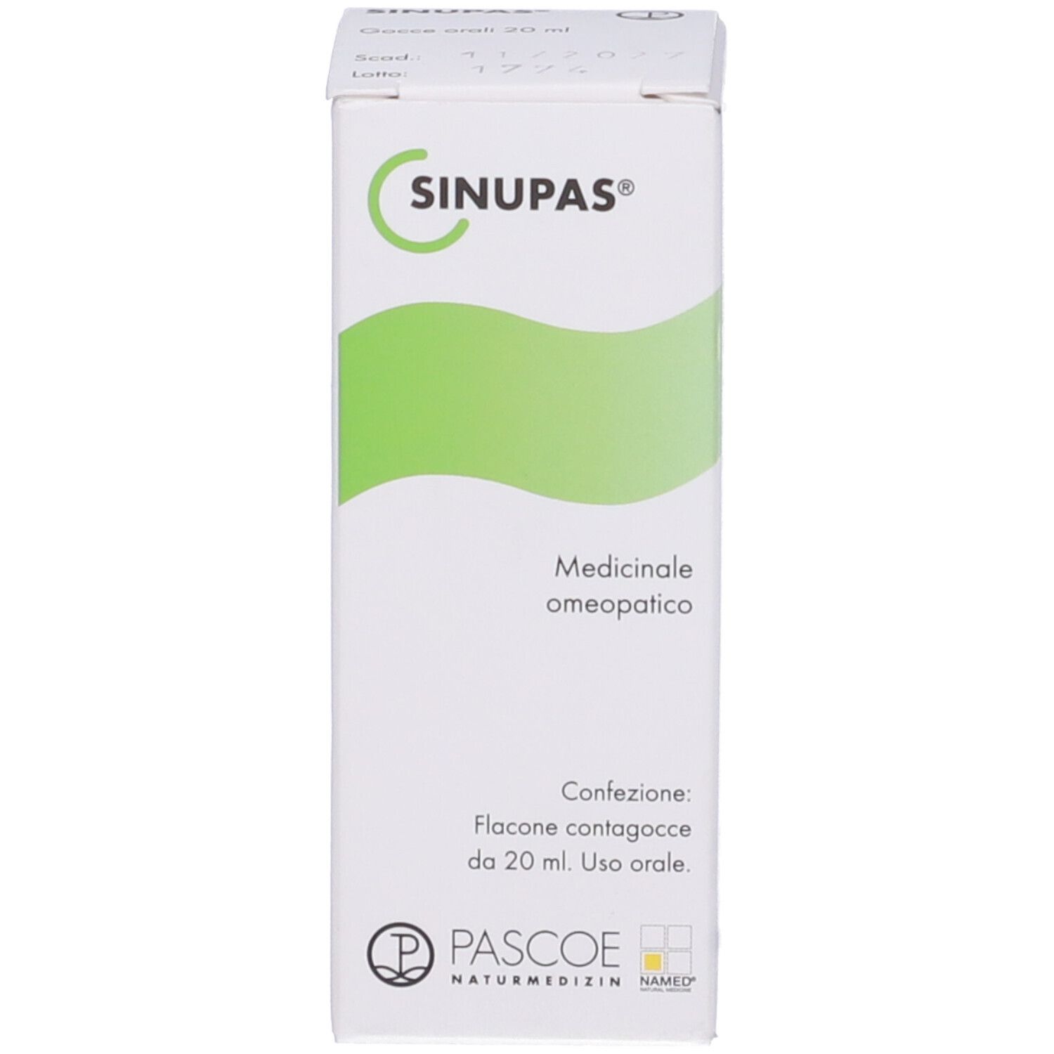 Confezione bianca con logo verde e nome SINUPAS. Marchio PASCOE.