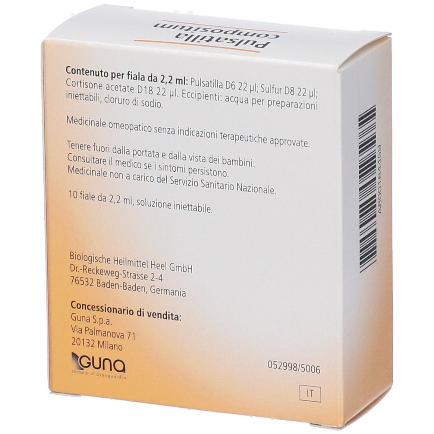 Retro scatola Pulsatilla compositum. Informazioni testuali. Logo GUNA. Indirizzo produttore.