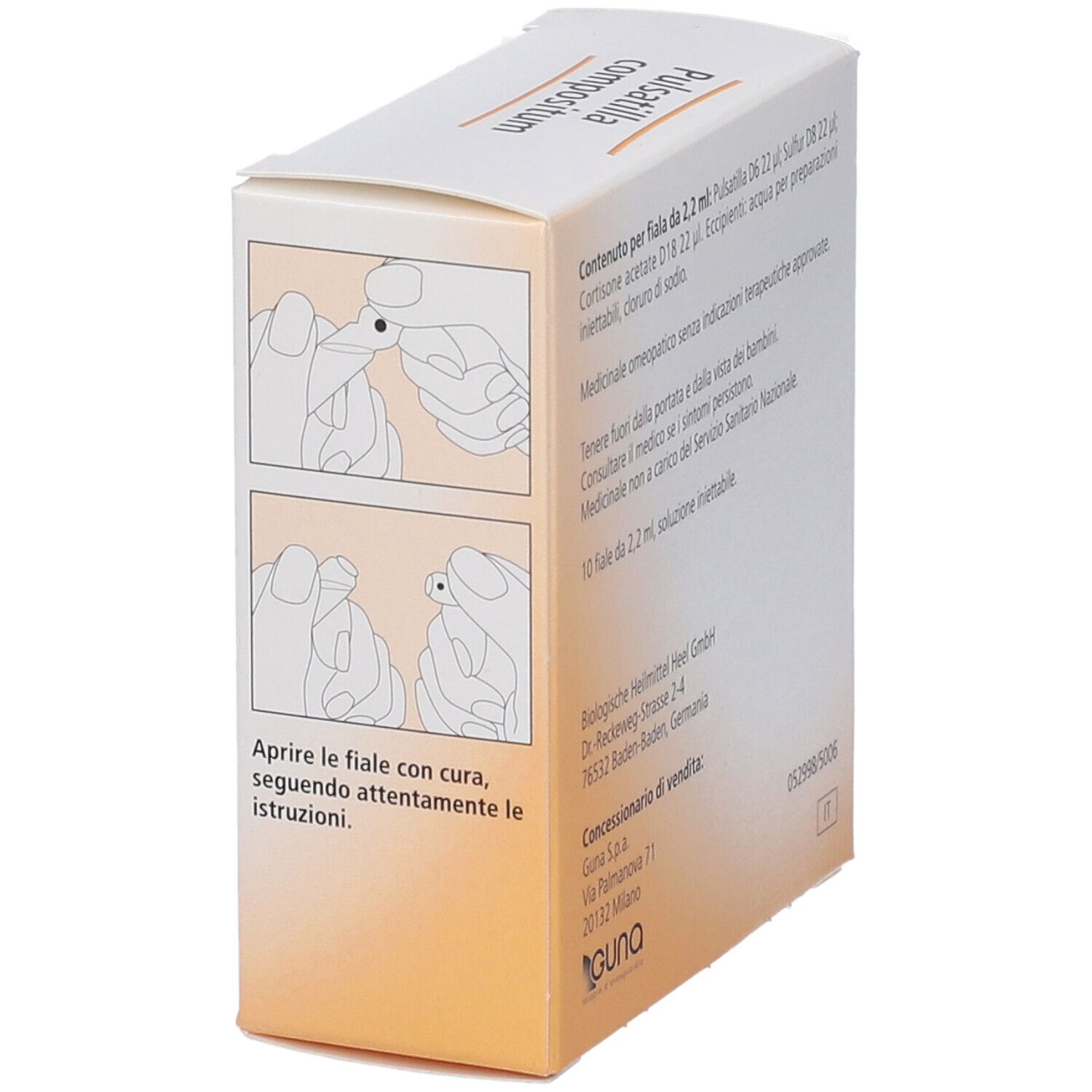 Scatola Pulsatilla compositum. 10 fiale. Illustrazione apertura fiale. Marchio -Heel.