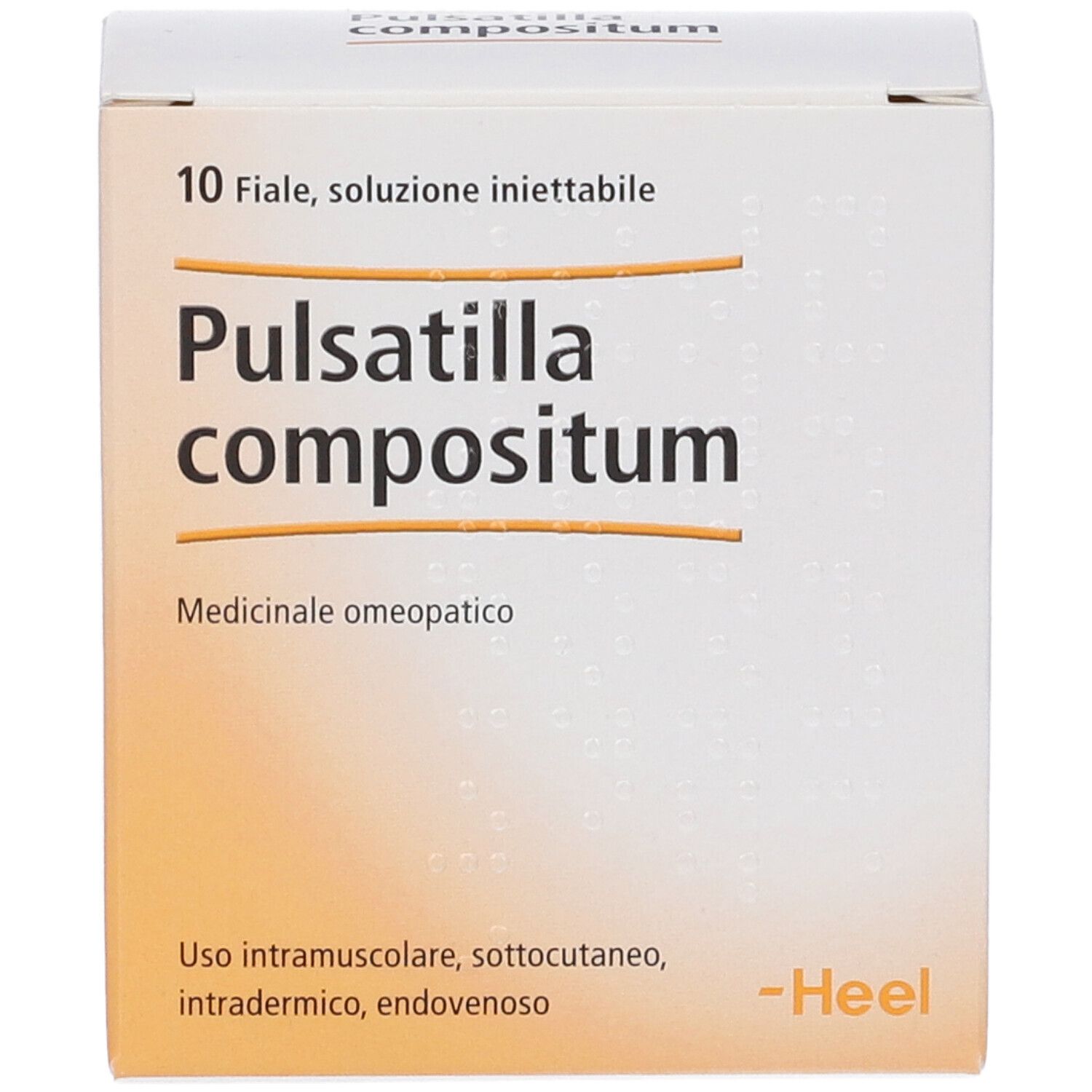 Scatola Pulsatilla compositum. 10 fiale, soluzione iniettabile. Marchio -Heel. Sfondo arancione.