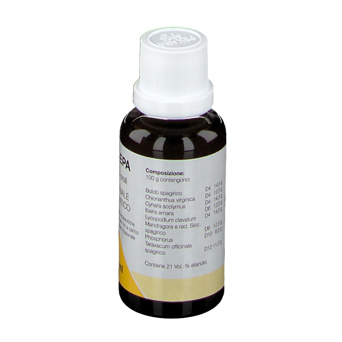 Retro del flacone di vetro marrone. Scritta: Composizione, ingredienti. Etichetta gialla.