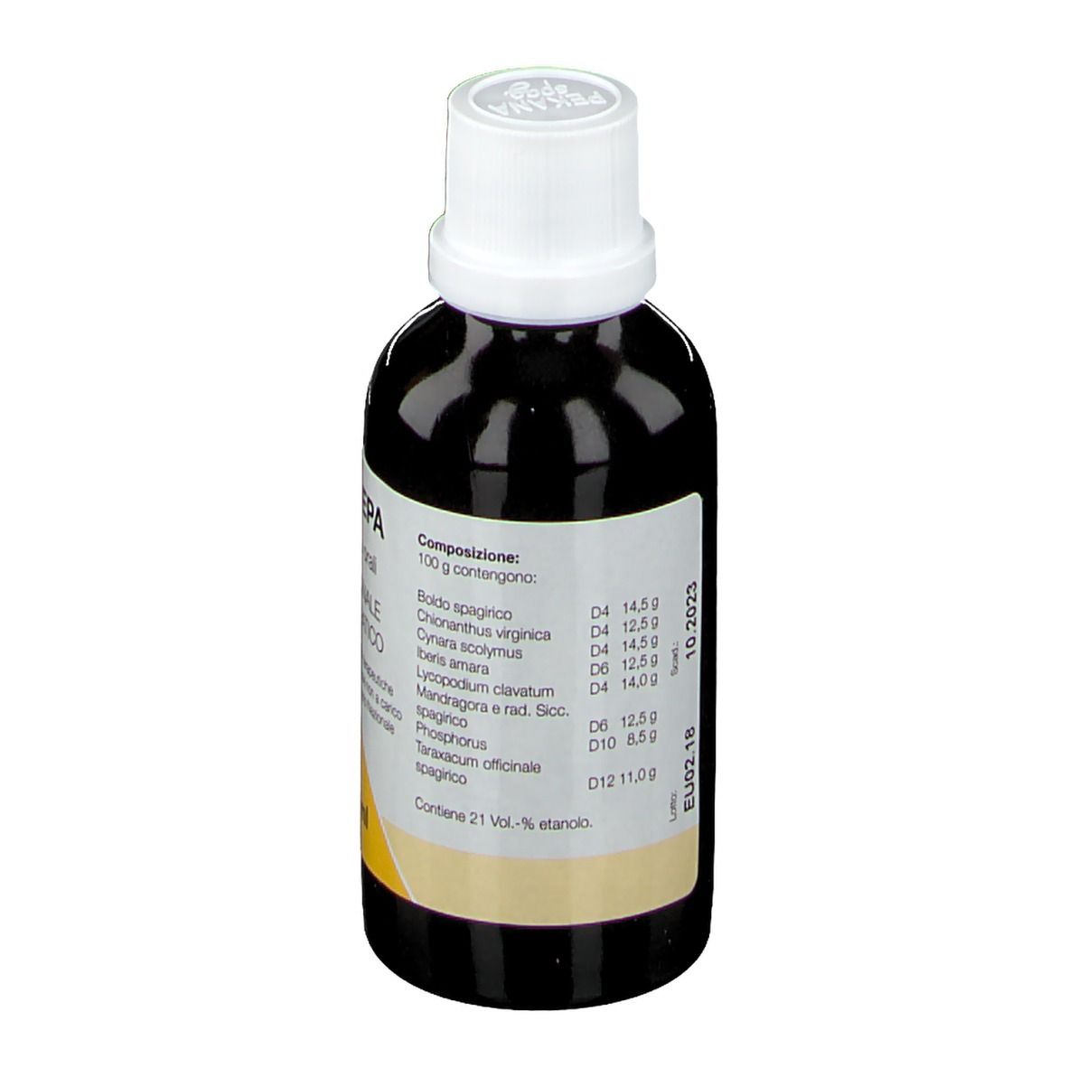 Flacone di vetro marrone con tappo bianco. Scritte: apo-EPA, Gocce Orali, 50 ml. Etichetta con ingredienti e data di scadenza.