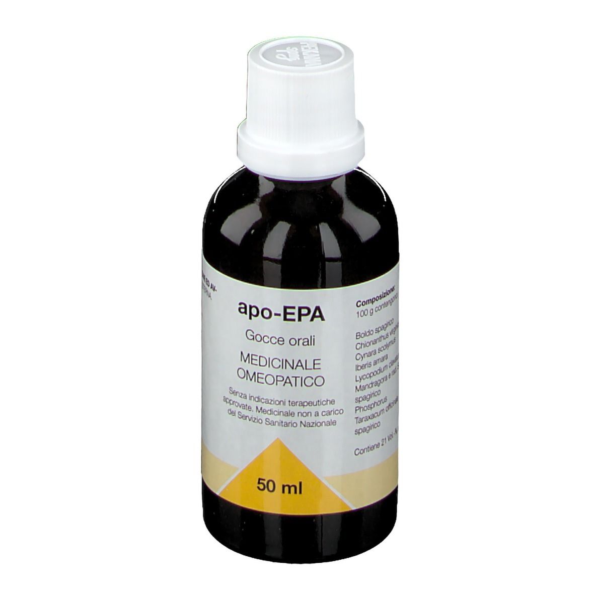 Flacone di vetro marrone con tappo bianco. Scritte: apo-EPA, Gocce Orali, 50 ml. Etichetta con informazioni sul prodotto.