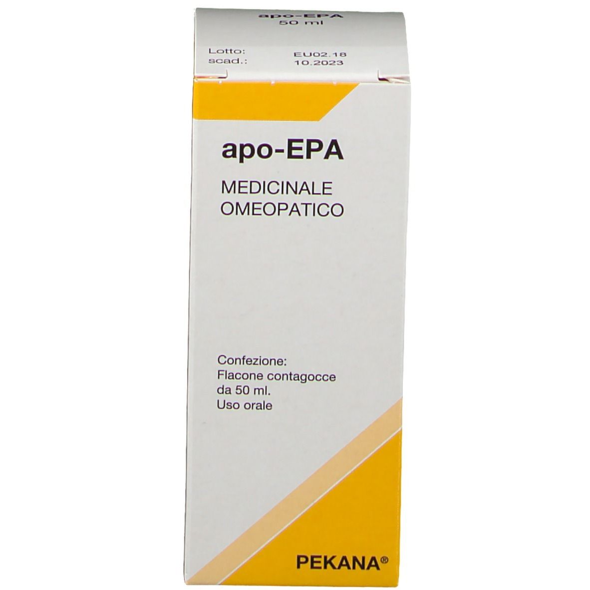 Scatola. Scritte: apo-EPA, Medicinale Omeopatico. Logo PEKANA. Contiene: Flacone contagocce da 50 ml.