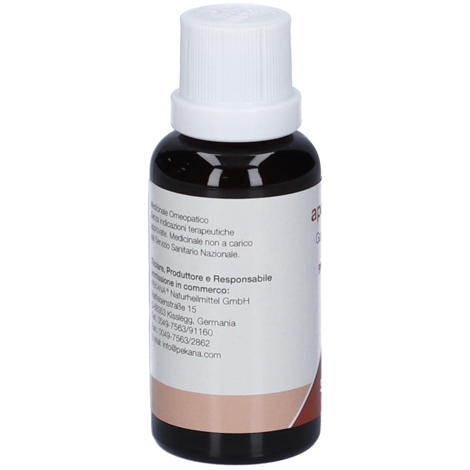 Vista posteriore del flacone di vetro marrone con tappo bianco. Etichetta con informazioni sul prodotto e indirizzo del produttore.