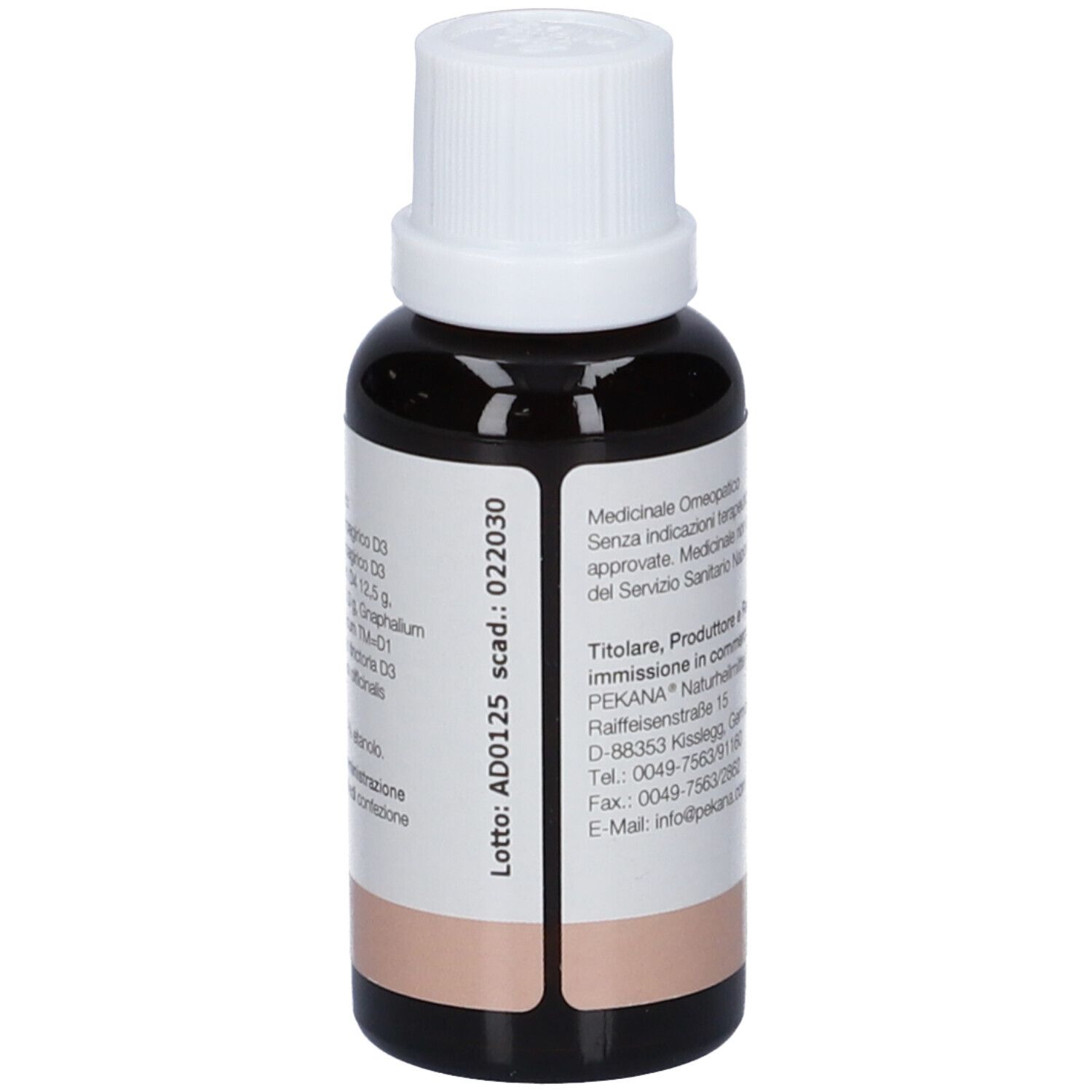 Flacone di vetro marrone con tappo bianco. Etichetta con informazioni sul prodotto, numero di lotto e data di scadenza.