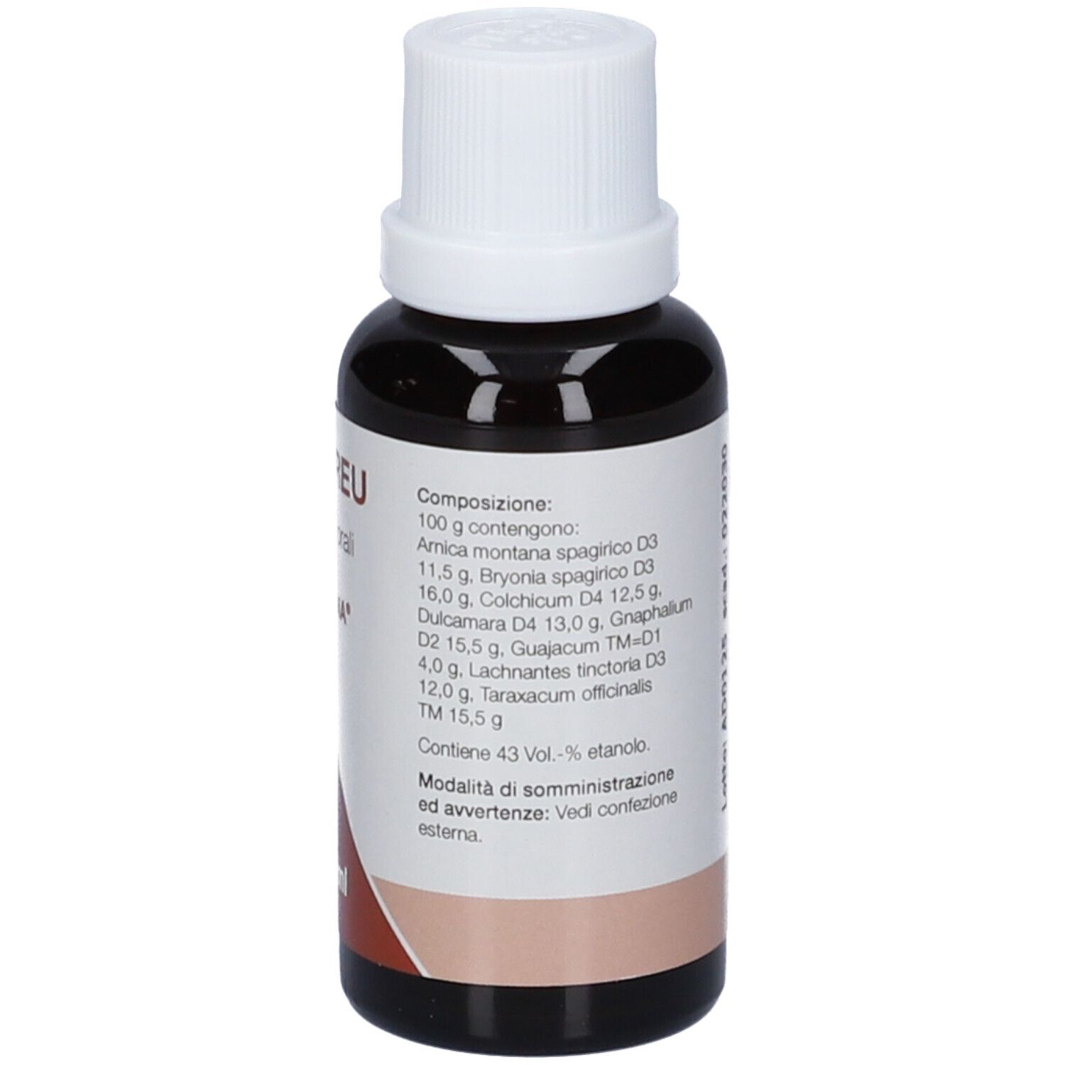 Flacone di vetro marrone con tappo bianco. Etichetta con ingredienti e altre informazioni sul prodotto.