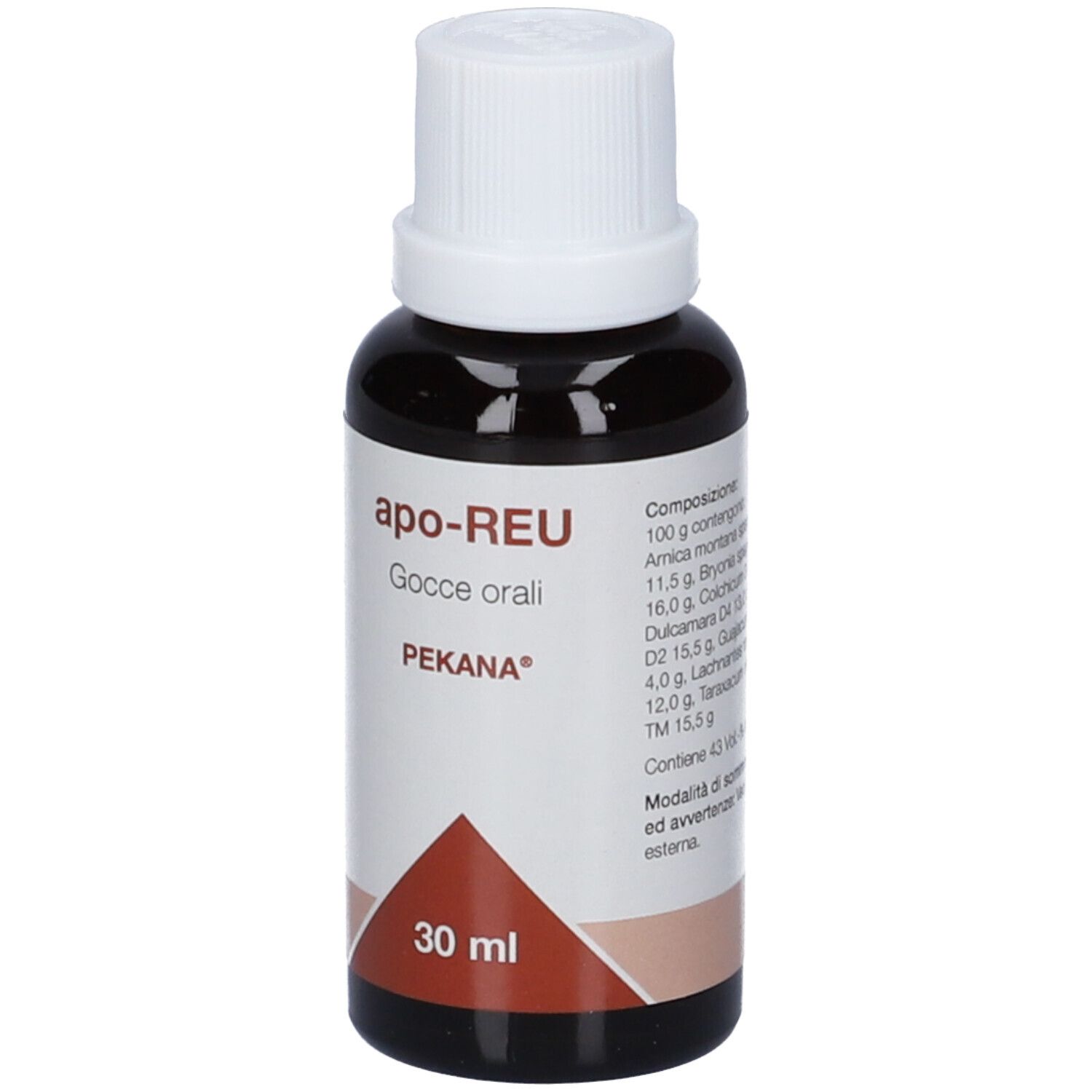 Flacone di vetro marrone con tappo bianco. Etichetta con nome del prodotto, marchio e volume. 30 ml.