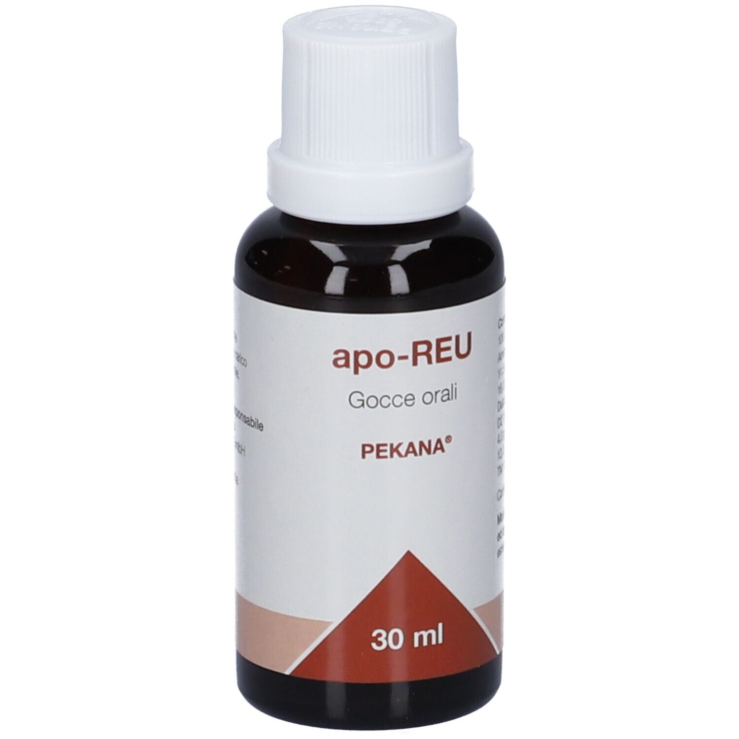 Flacone di vetro marrone con tappo bianco. Etichetta con nome del prodotto, marchio e volume. 30 ml.