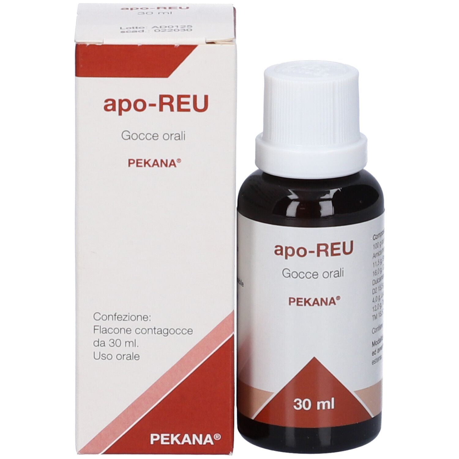 Flacone e confezione del prodotto. Flacone marrone con tappo bianco e scatola di cartone. 30 ml.