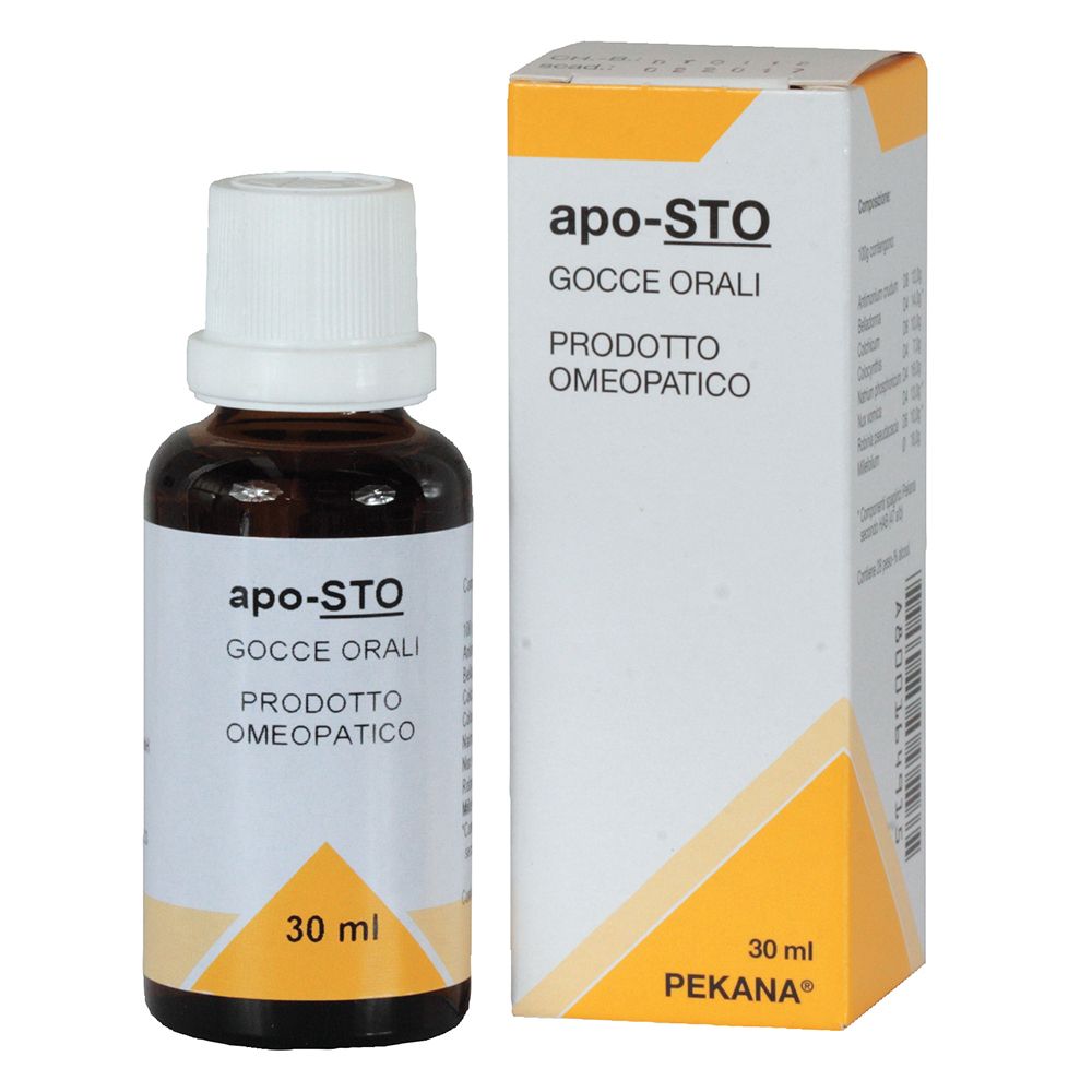 Flacone di vetro marrone con tappo bianco ed etichetta. Accanto, scatola con informazioni sul prodotto. Entrambi riportano "apo-STO".