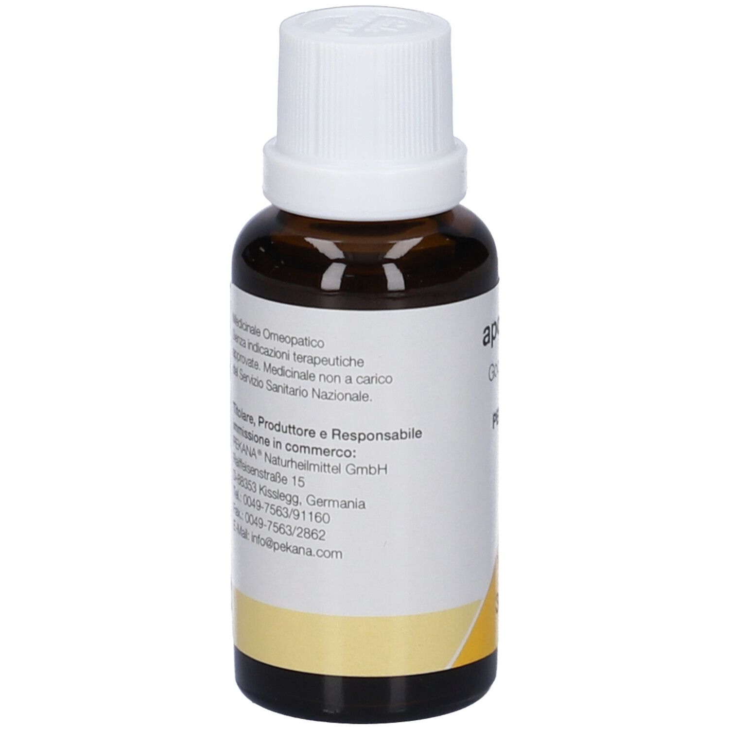 Flacone di vetro marrone con tappo bianco. Etichetta con testo, informazioni produttore e accento giallo.