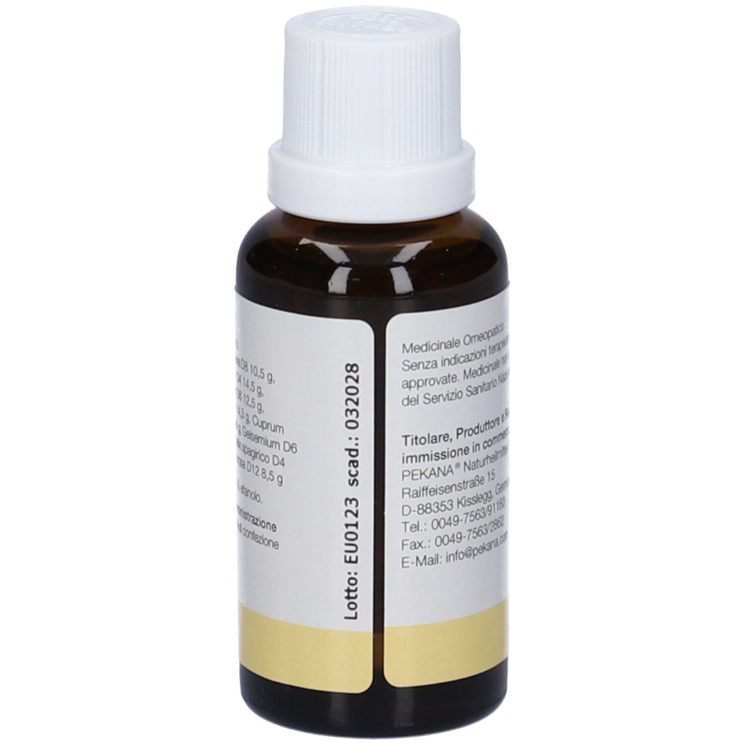 Flacone di vetro marrone con tappo bianco. Etichetta con testo, numero di lotto e accento giallo.