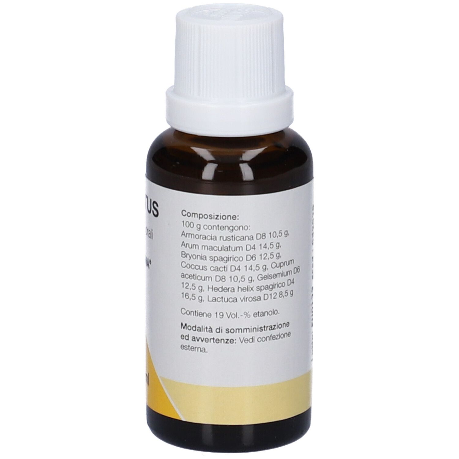 Flacone di vetro marrone con tappo bianco. Etichetta con ingredienti e accento giallo.