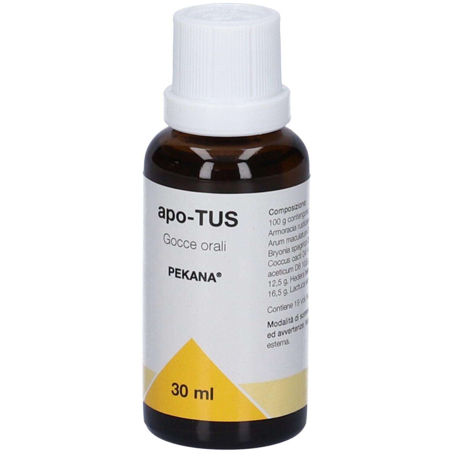 Flacone di vetro marrone con tappo bianco. Etichetta con nome, marchio e 30 ml. Accento giallo.