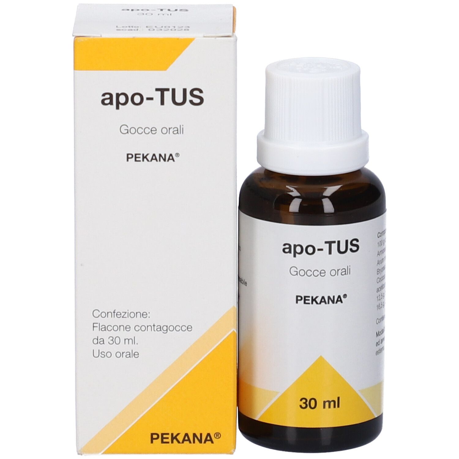 Flacone e scatola. Flacone con tappo bianco, etichetta. Scatola con nome e marchio del prodotto.