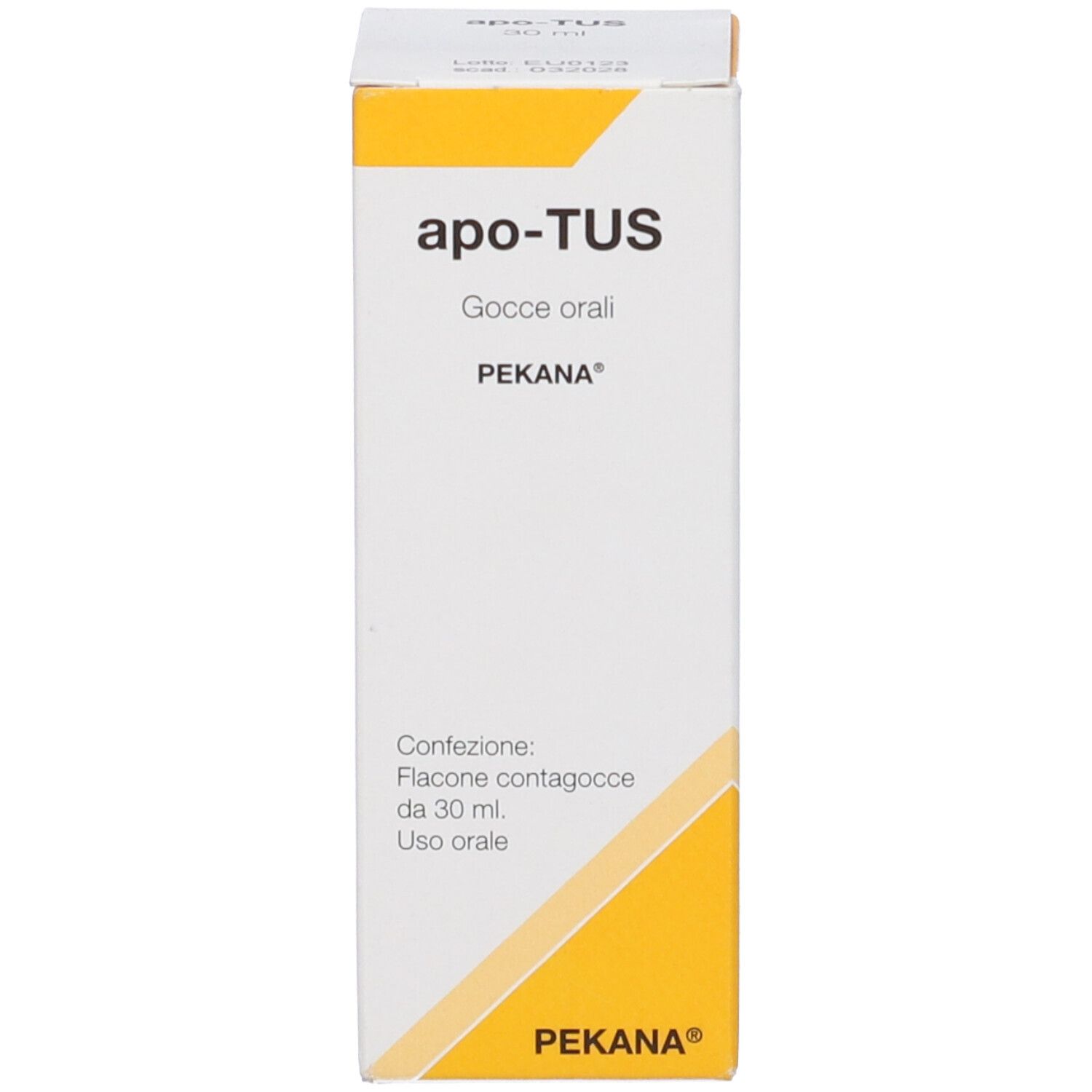 Scatola bianca con nome e marchio del prodotto. Accenti gialli e linee diagonali.