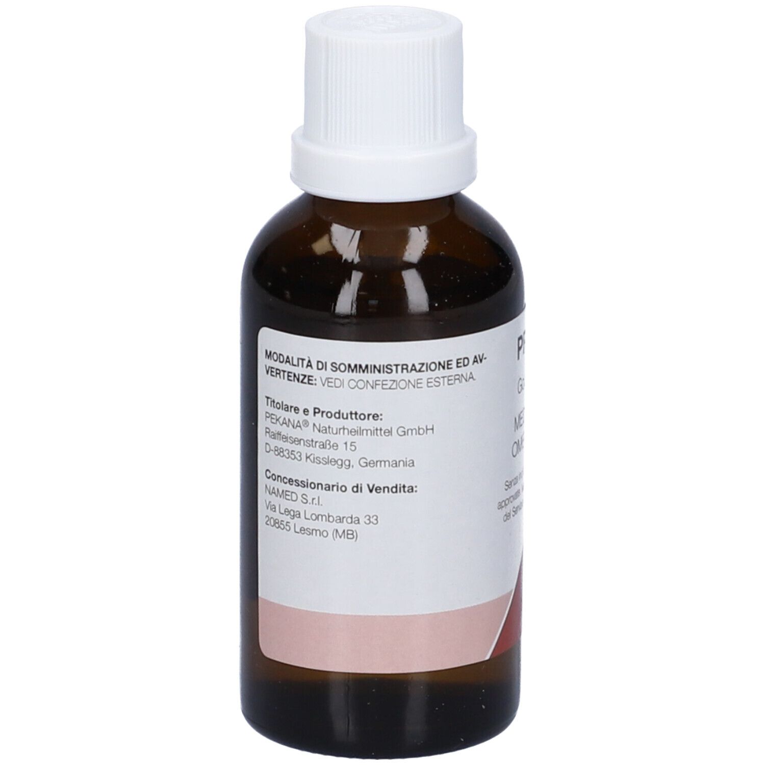 Vista posteriore del flacone di vetro marrone. Etichetta con informazioni del produttore e indirizzo di vendita. Testo: MODALITÀ DI SOMMINISTRAZIONE ED AVVERTENZE.
