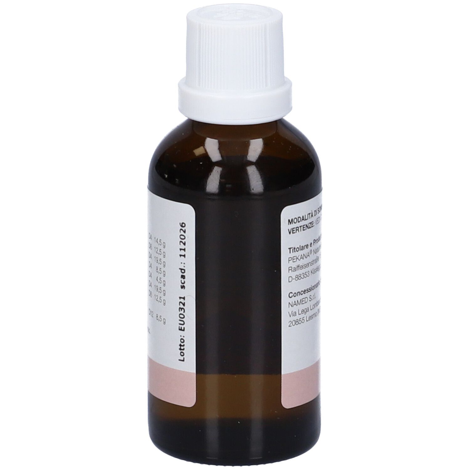 Vista posteriore del flacone di vetro marrone. Etichetta con numero di lotto e data di scadenza. Testo: LOTTO EU0321 scad.: 112026.