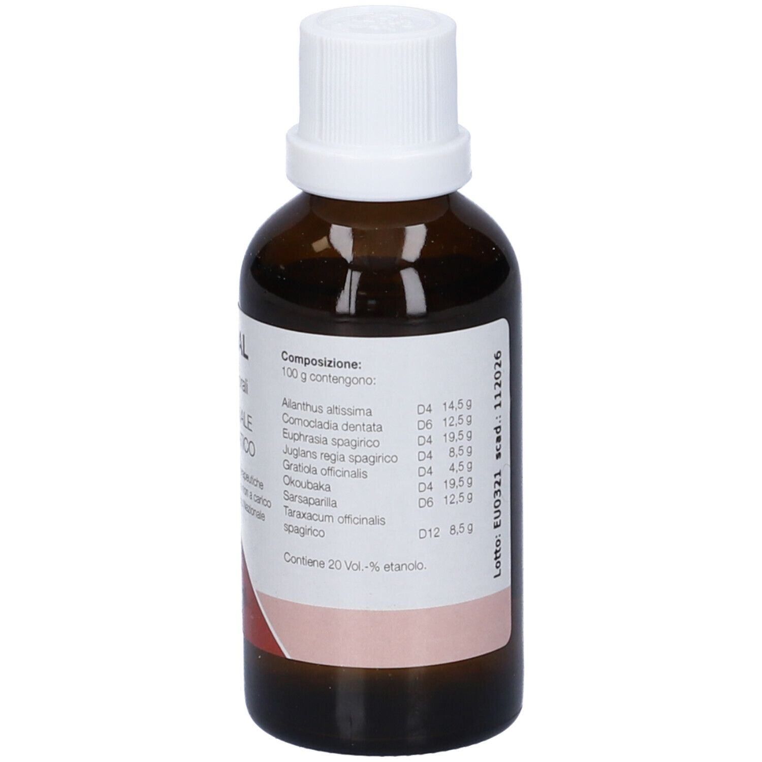 Vista posteriore del flacone di vetro marrone. Etichetta con ingredienti. Testo: Composizione: 100 g contengono: Allanthus, etc.