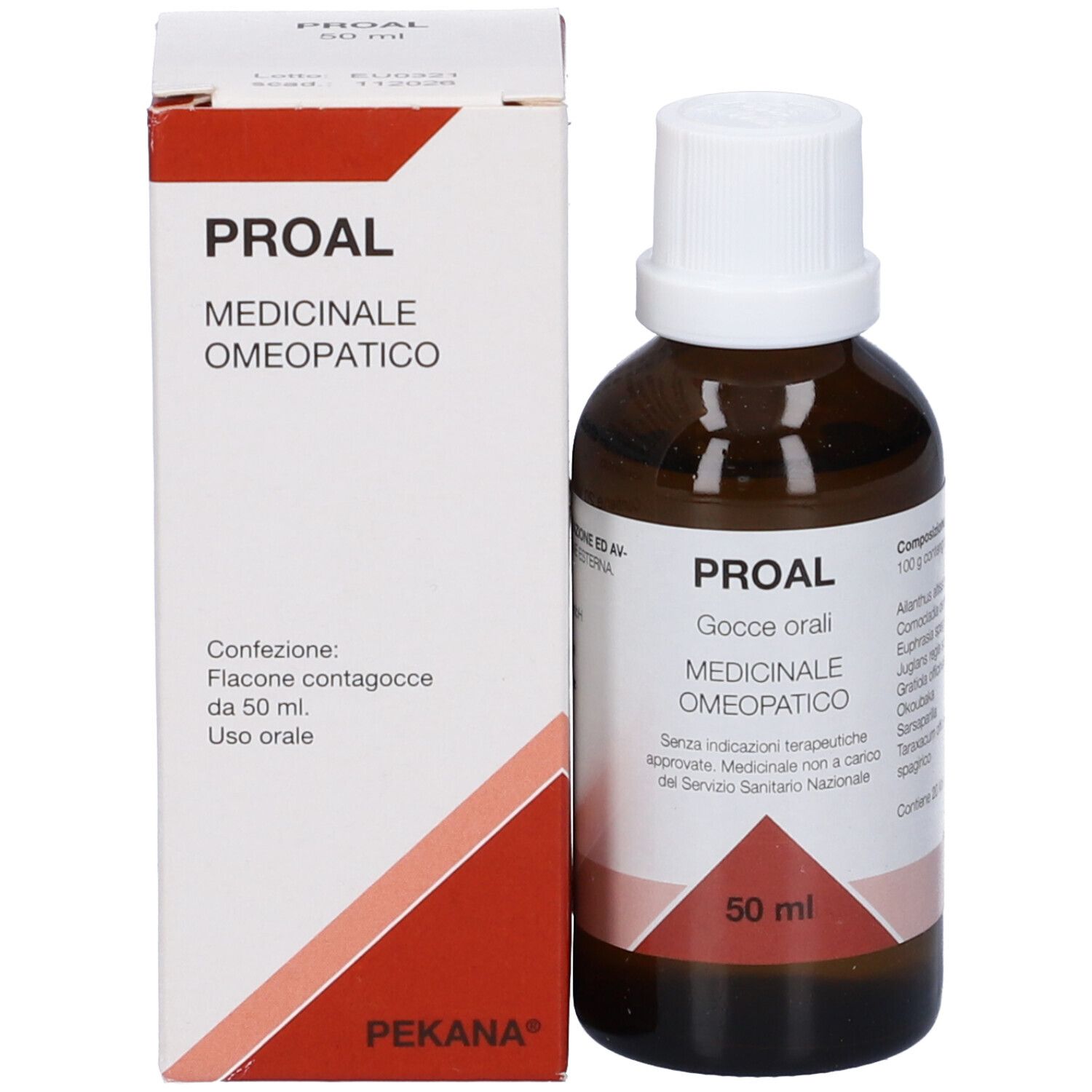 Confezione del prodotto e flacone. Scatola bianca con nome del prodotto PROAL, medicinale omeopatico. Flacone: 50 ml.