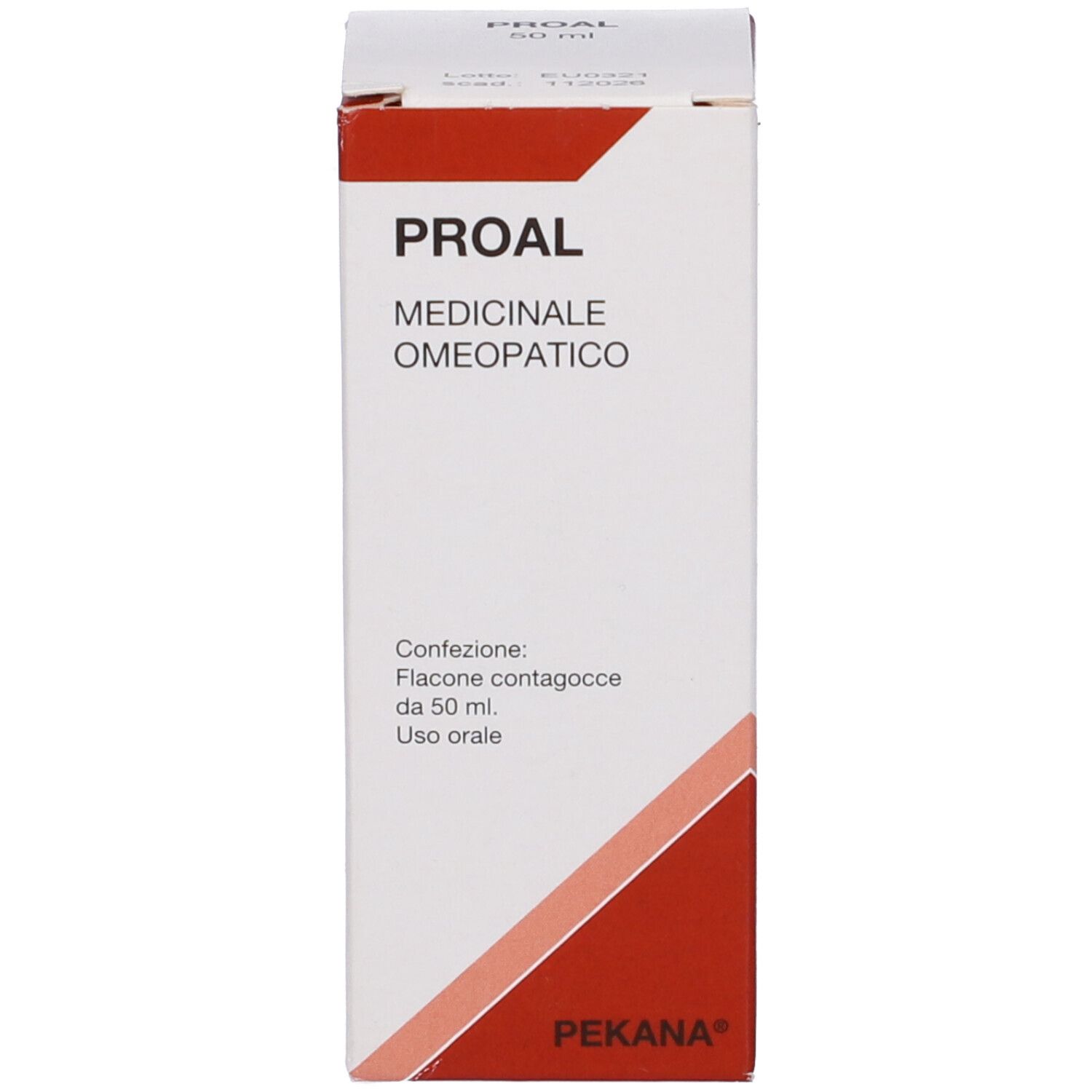 Scatola bianca con fascia rossa. Nome del prodotto PROAL, medicinale omeopatico. Testo: Flacone contagocce da 50 ml.