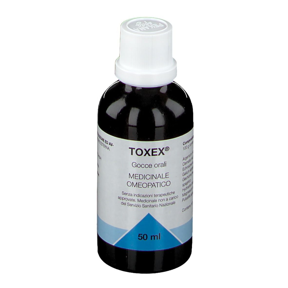 Flacone di vetro marrone con tappo bianco. Scritta: TOXEX, Gocce orali, Medicinale omeopatico. 50 ml.