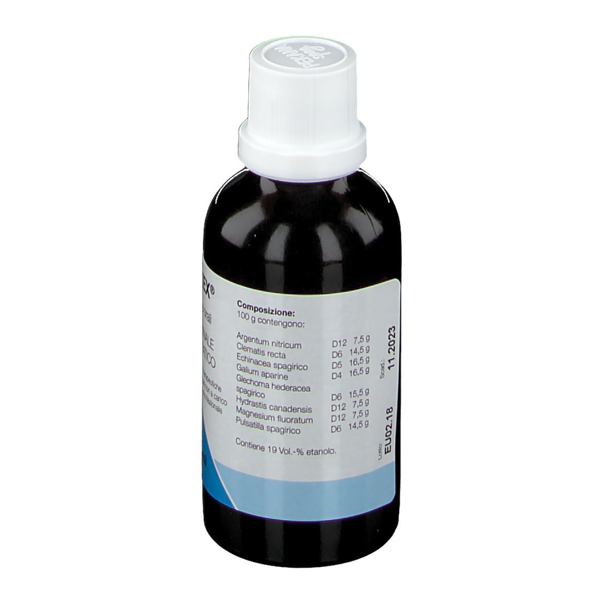 Flacone di vetro marrone con tappo bianco. Retro con ingredienti e data di scadenza. 50 ml.